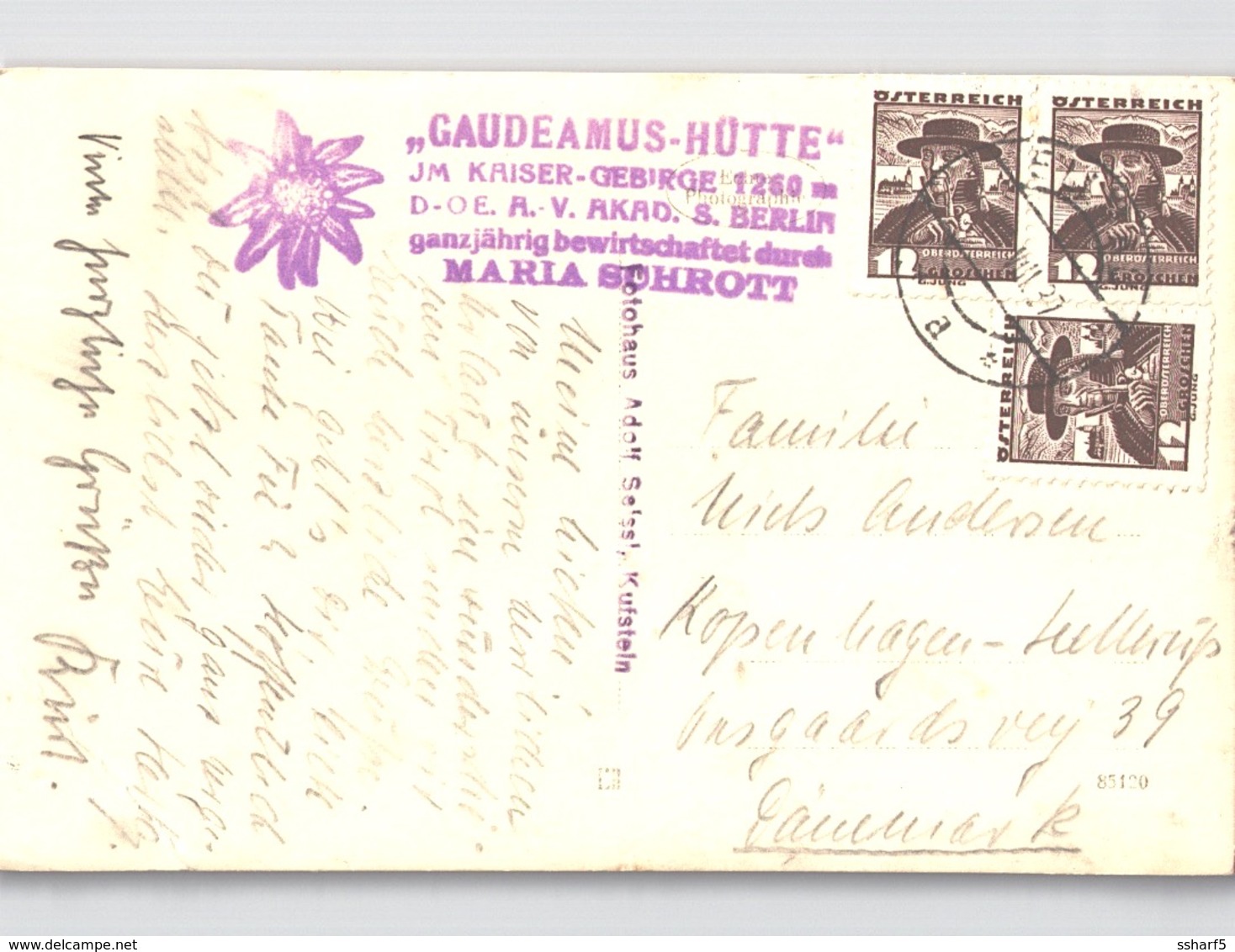 Gaudeamus Hütte Gaudeamushütte Gasthof Kaisergebirge Kitzbühel Violetter Stempel Mit Edelweiss 1937 - St. Johann In Tirol