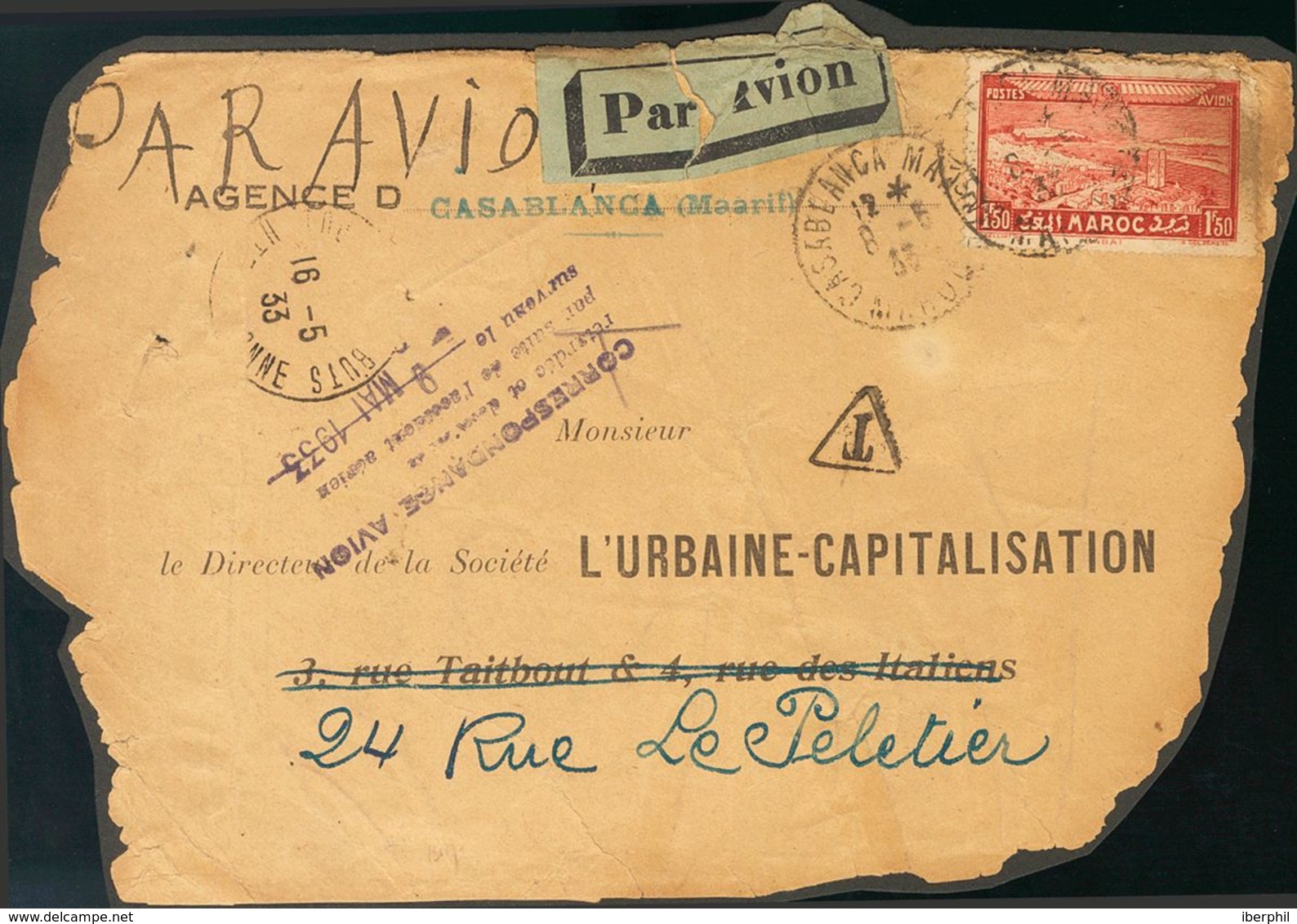 Air Mail Crash Covers. COVERYv 36. 1933. 1'50 F Red From Morocco. Air Mail From CASABLANCA To PARIS, Plane Of CASABLANCA - Aerei