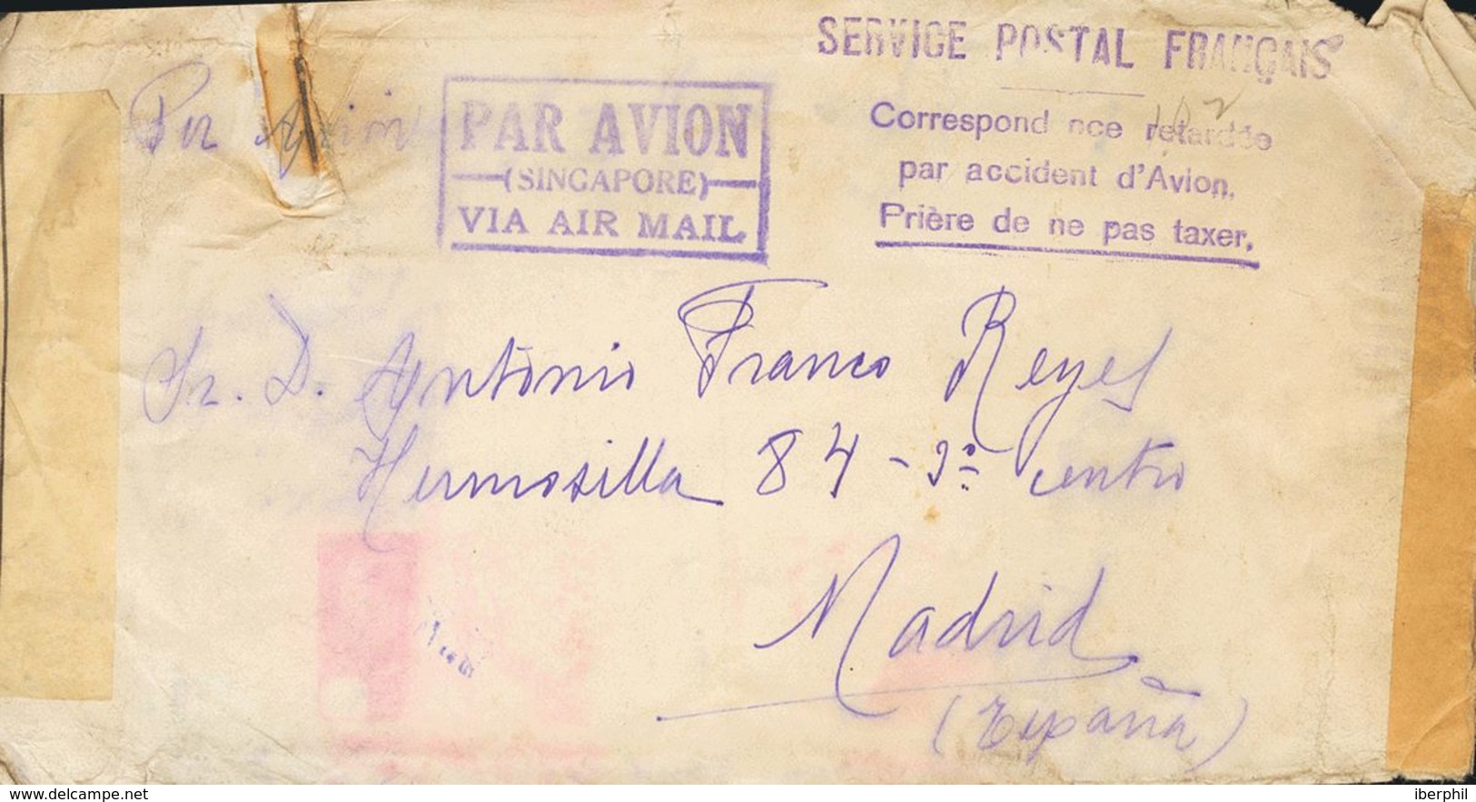 Air Mail Crash Covers. COVERYv . (1938ca). SINGAPORE To MADRID, Franked With Stamps But Detached In The Accident. Probab - Vliegtuigen