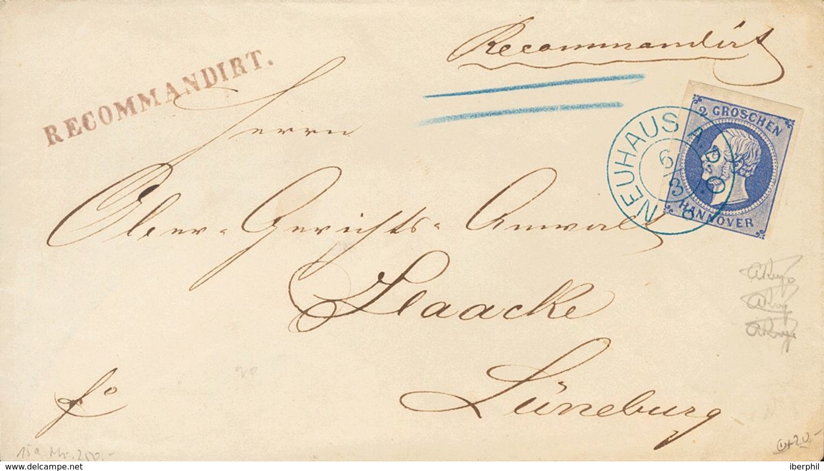 Hannover. COVER18. (1859ca). 2 G Ultramarine. Registered Cover From ARBURG To LUNEBURG. Postmark NEUHAUS A.D.O., In Blue - Altri & Non Classificati