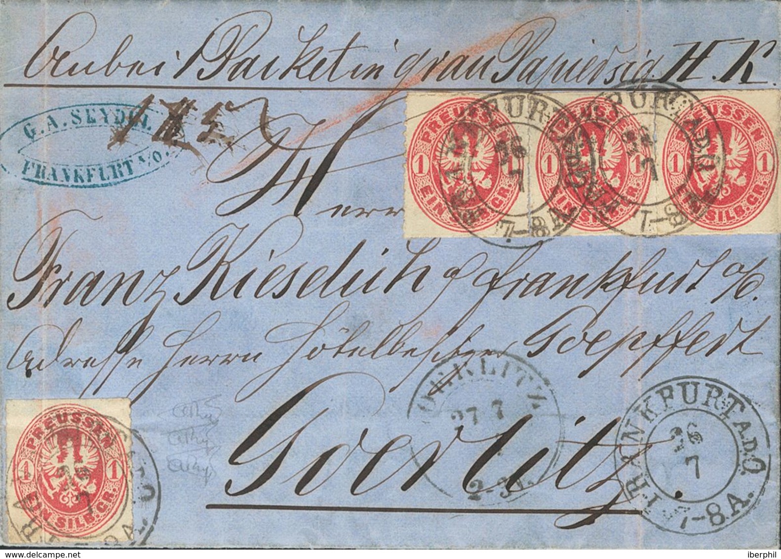 Prussia. COVER17(4). 1864. 1 S Pink, Four Stamps (two With File Fold). FRANKFURT To GORLITZ. Postmark FRANKFURT A.D.O. A - Other & Unclassified