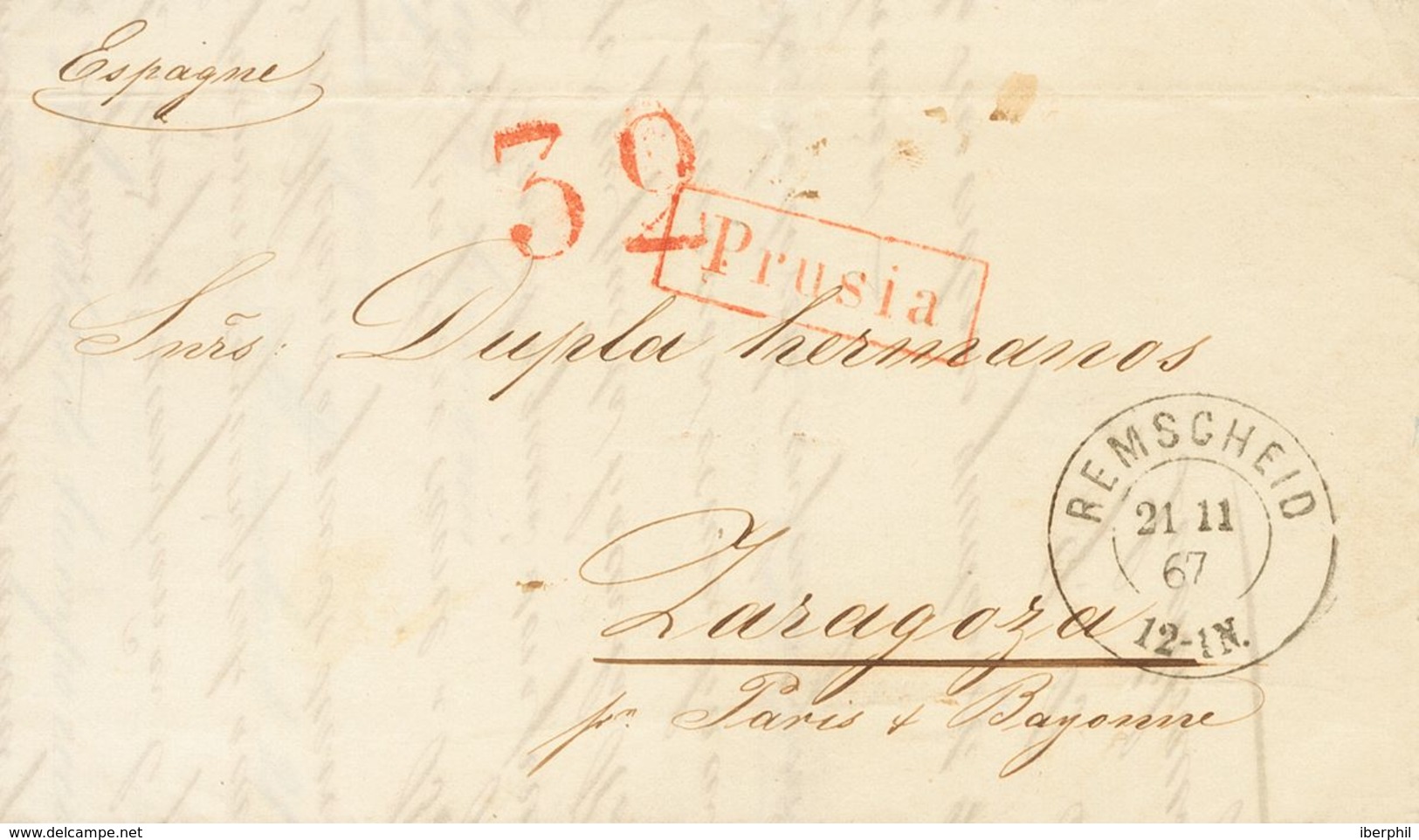 Prussia. COVER. 1867. REMSCHEID To ZARAGOZA. C.d.s. REMSCHEID / 12-1N, Postmark PRUSIA, In Red Applied In La Junquera An - Andere & Zonder Classificatie