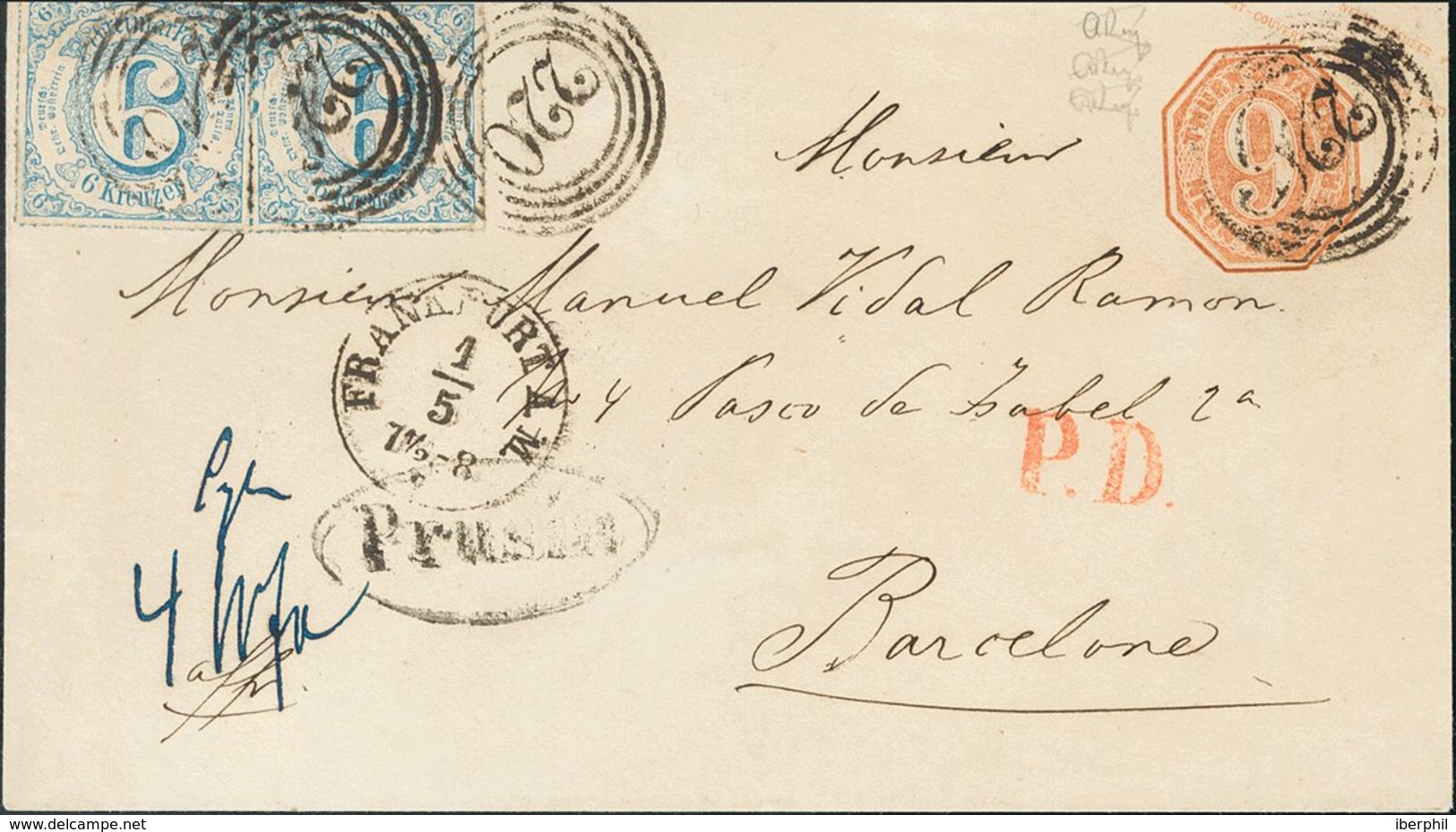 Thurn And Taxis. COVERYv 51(2). (1867ca). 9 K Light Brown On Postal Stationery Card From FRANKFURT To BARCELONA, With Co - Altri & Non Classificati