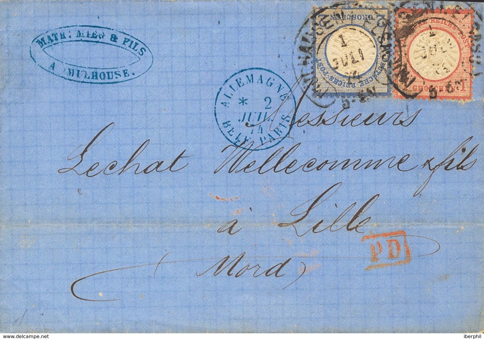 Germany. COVERYv 16, 17. 1874. 1 G Pink Carmine And 2 G Blue. MULHOUSE To LILLE. Postmark Type Horseshoe MULHAUSEN-ELSAS - [Voorlopers