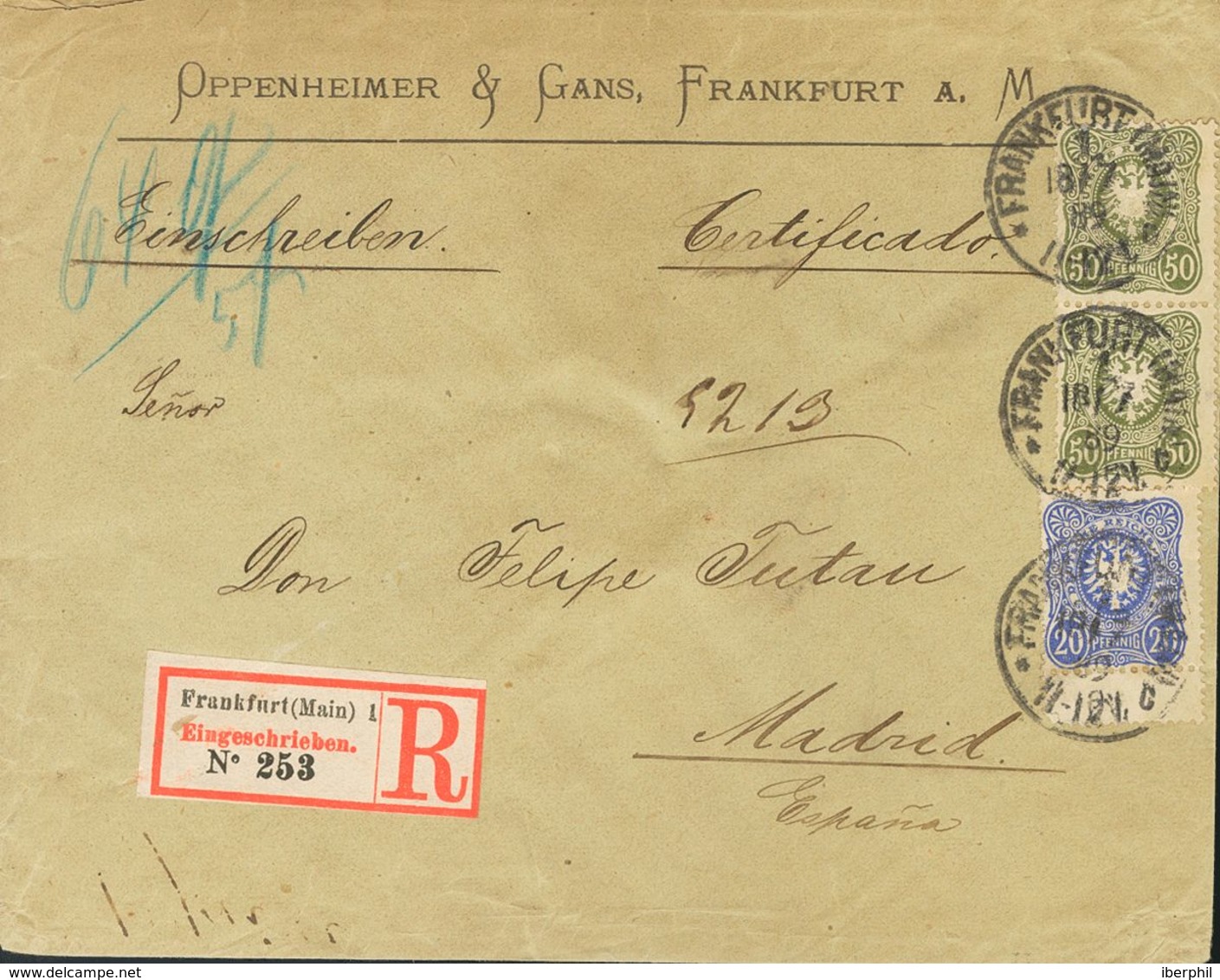 Germany. COVERYv 39, 41(2). 1889. 20 P Blue And 50 P Bronze, Two Stamps. Registered From FRANFURT To MADRID. On Reverse  - [Voorlopers