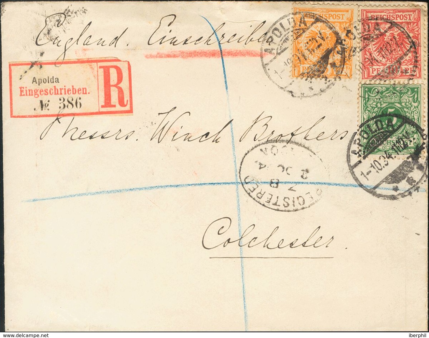 Germany. COVERYv 46, 47, 49. 1894. 5 P Green, 10 P Red And 25 P Orange. Registered From APOLDA To COLCHESTER (ENGLAND).  - Prefilatelia