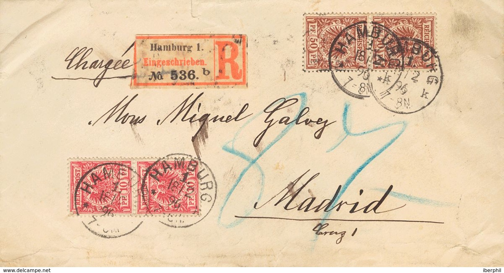 Germany. COVERYv 47(2), 50(2). 1896. 10 P Red, Pair And 50 P Red Chestnut, Pair. Registered From HAMBURG To MADRID. On R - Prephilately