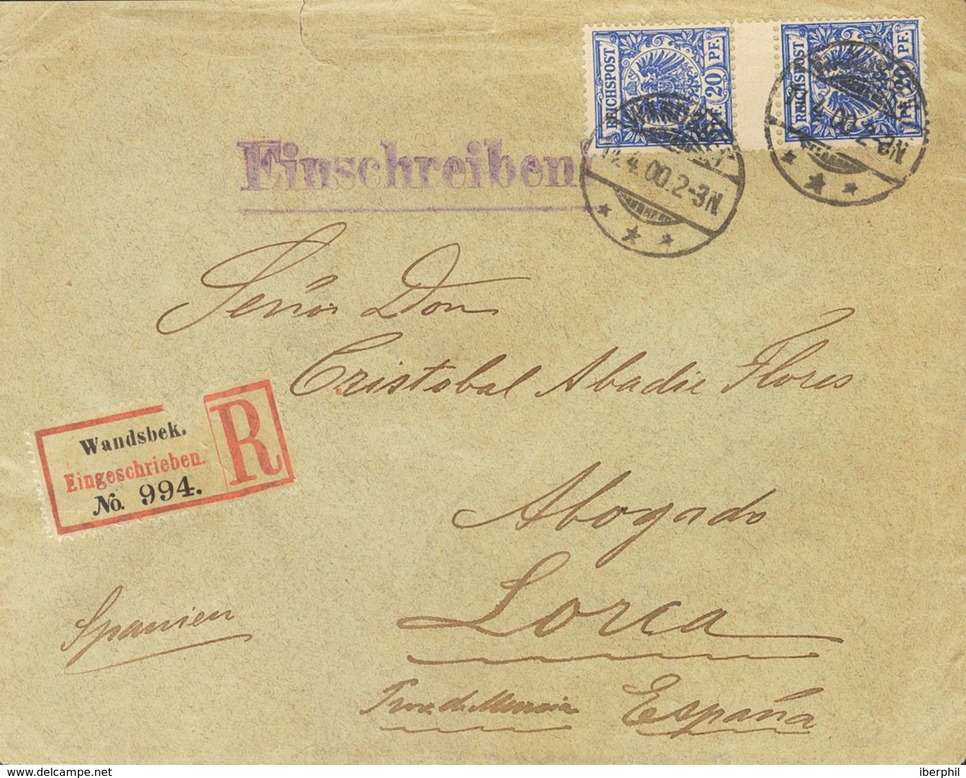 Germany. COVERYv 48(2). 1900. 20 P Ultramarine And Violet, Gutter Pair. Registered From WANSBEK To LORCA (SPAIN). On Rev - [Voorlopers