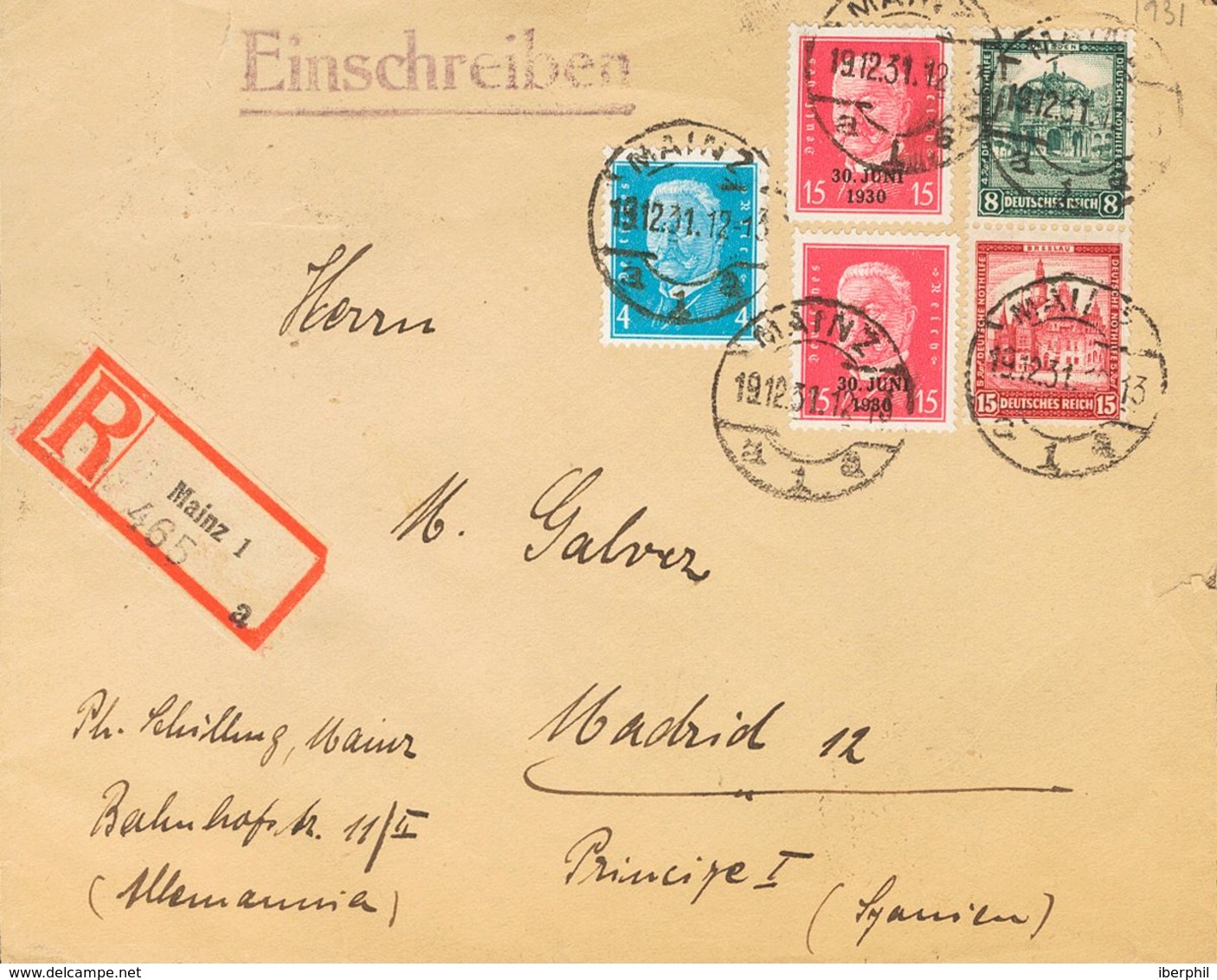 Germany. COVERYv 426B(2), 401A, 435, 436. 1931. 15 P Red Carmine, Two Stamps, 4 P Blue, 8 P Green And 15 P Carmine. Regi - Prefilatelia