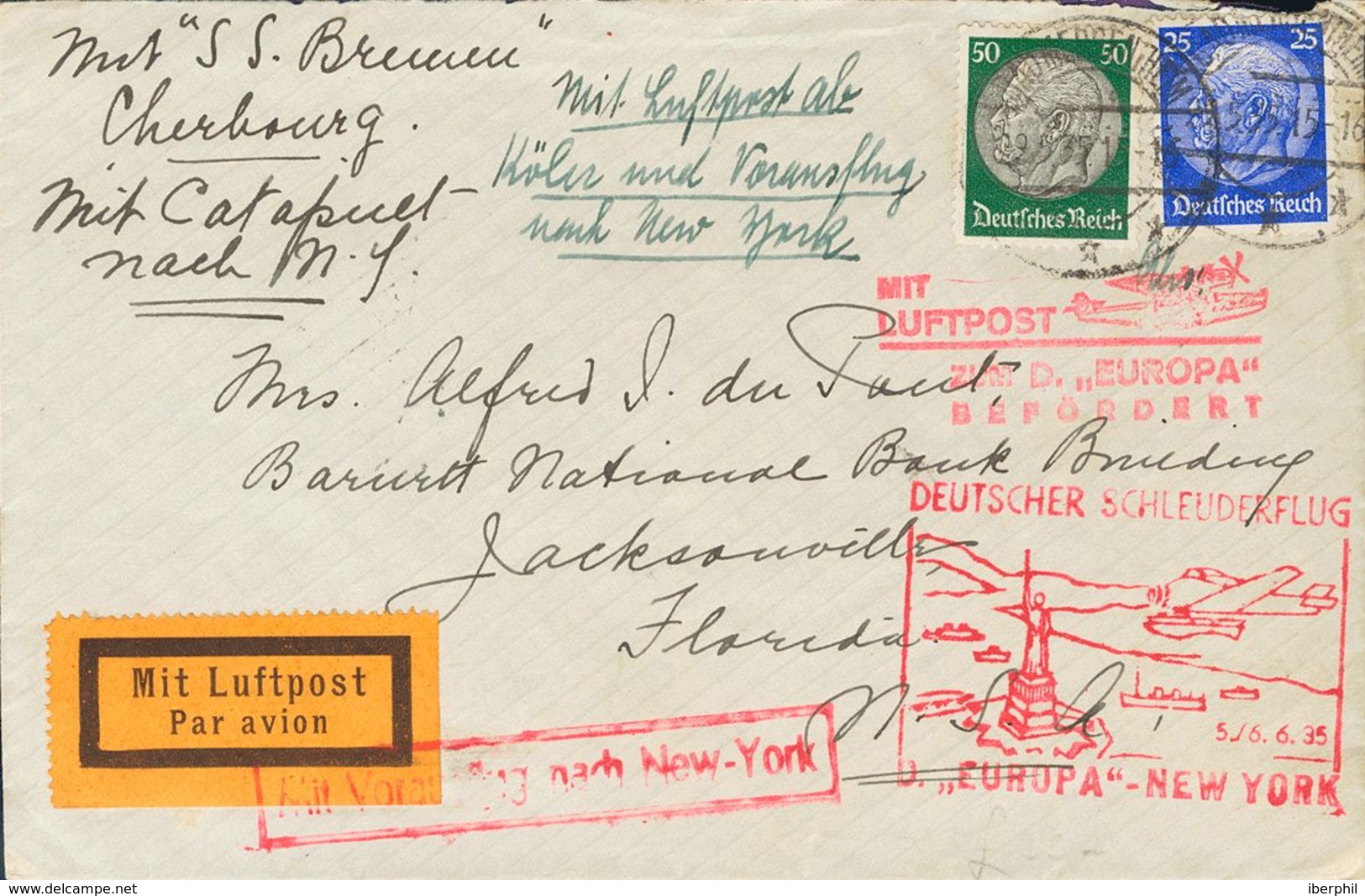 Germany. COVERYv 493, 496. 1935. 25 P Overseas And 50 P Green. Catapult Air Mail From The German Ship EUROPA From BAD ME - Préphilatélie