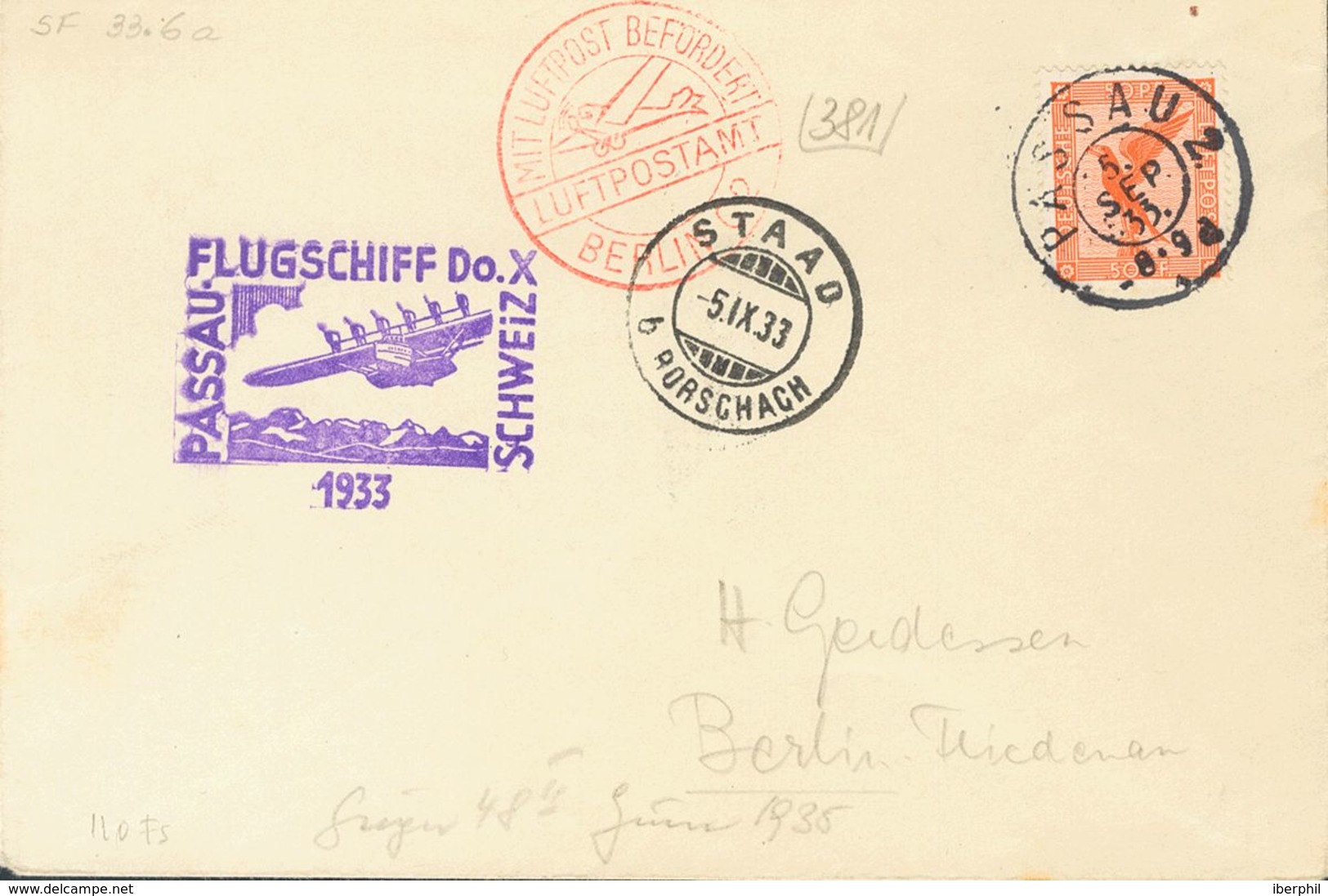 Germany, Airmail. COVERYv 31. 1933. 50 P Orange. PASSAU To BERLIN. Postmark PASSAU 2. And On The Front Mark Of The Dorni - Préphilatélie