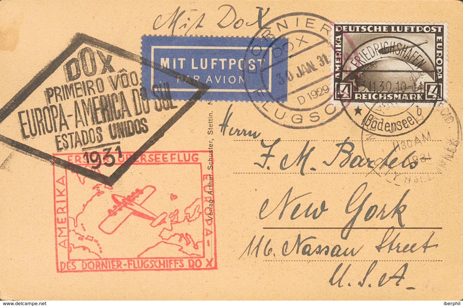 Germany. COVERYv 37. 1931. 4 M Brown. Postcard From FRIEDRICHSHAFEN To NEW YORK (U.S.A.), Transported By Dornier X. Post - Préphilatélie