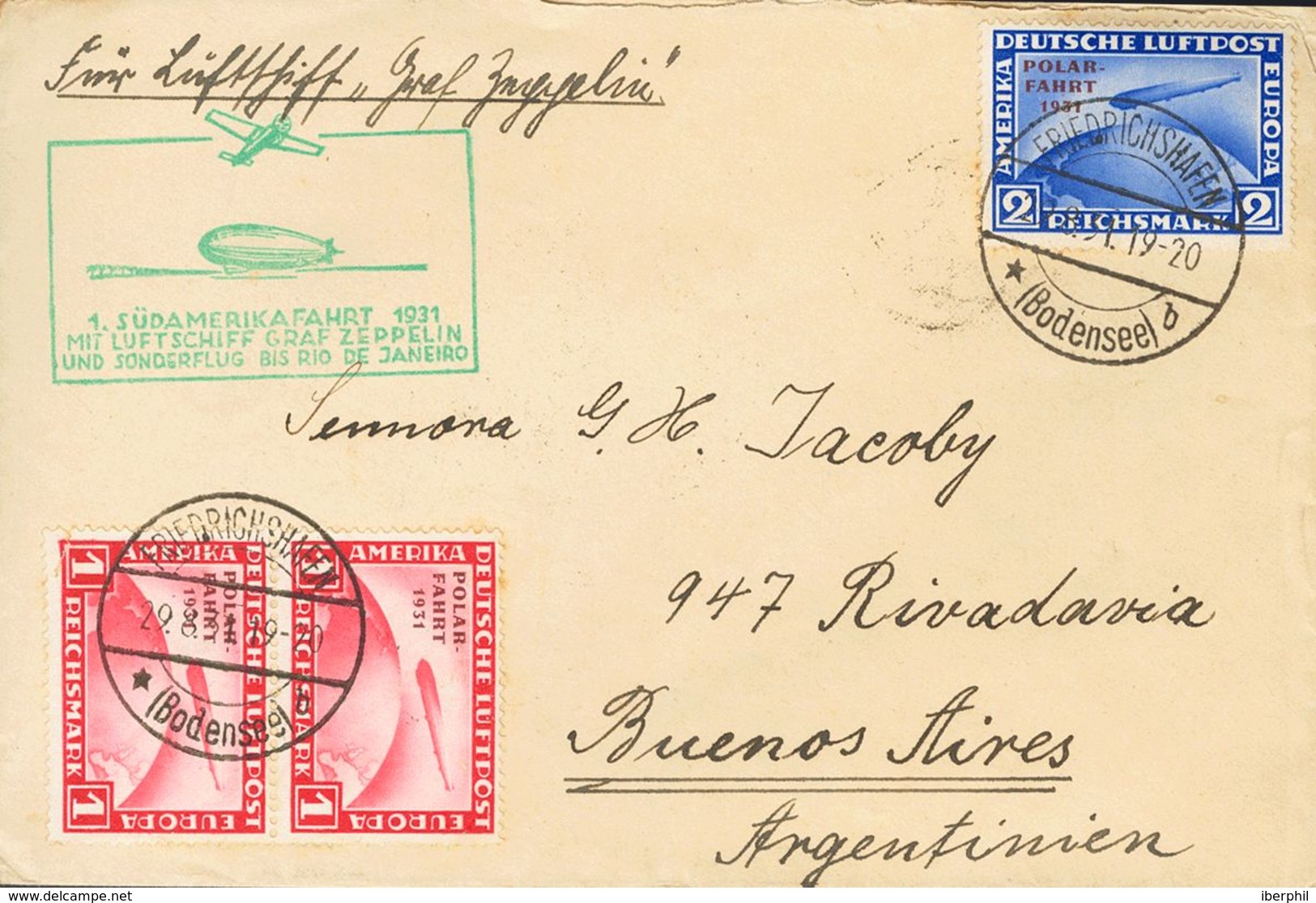 Germany, Airmail. COVERYv 40(2), 41. 1931. 1 M Red, Pair And 2 M Ultramarine. Graf Zeppelin Directed To BUENOS AIRES (AR - Prephilately