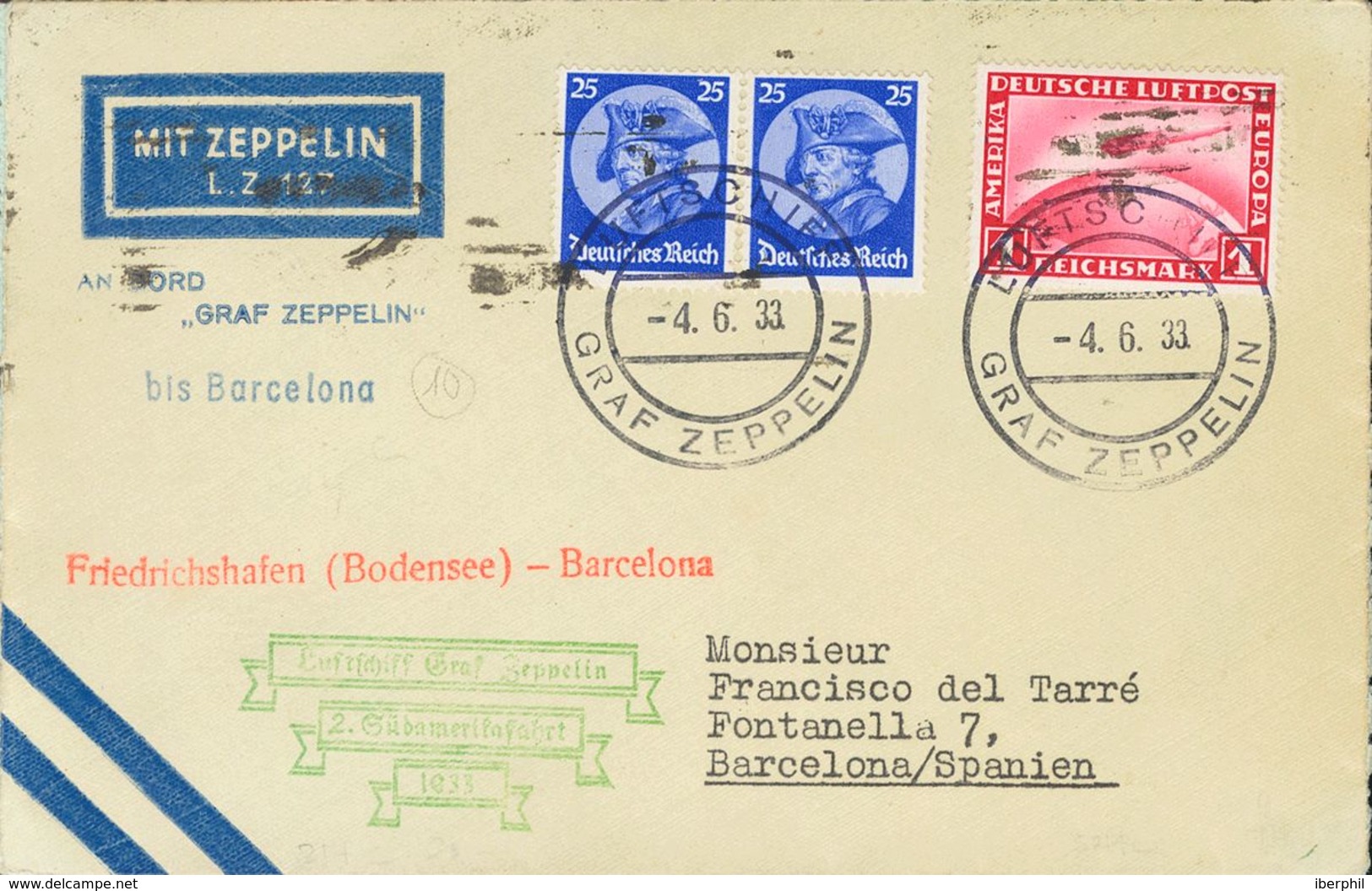 Germany, Airmail. COVERYv . 1933. 1 M Red Lilac And 25 P Ultramarine, Two Stamps. Graf Zeppelin From LORCH To BARCELONA. - Prephilately