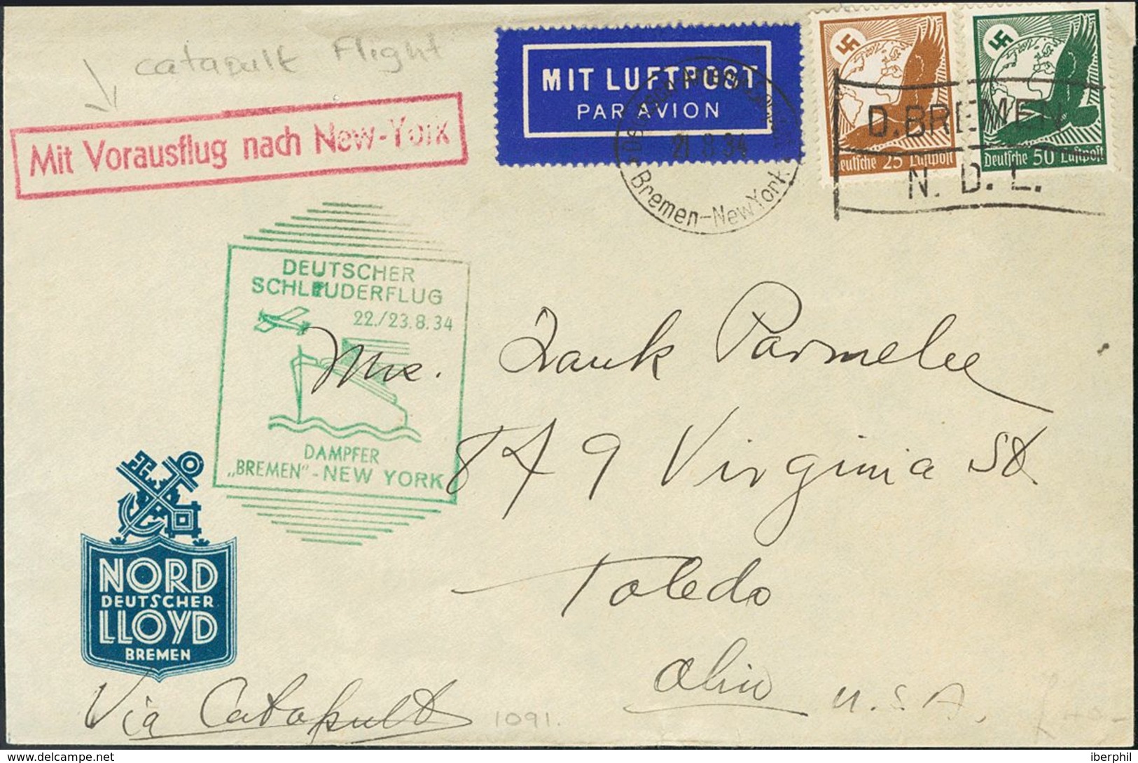 Germany, Airmail. COVERYv 47, 49. 1934. 10 P Red, 15 P Violet And 25 P Ultramarine, Two Stamps. Postcard By Graf Zeppeli - Vorphilatelie
