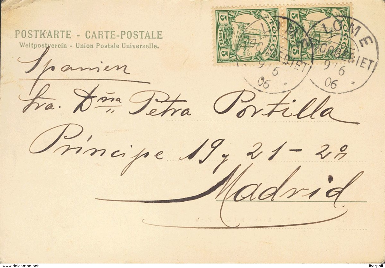 Togo. COVERYv 8(2). 1905. 5 P Green, Pair. Postcard From LOME To MADRID. Postmark LOME / TOGOGEBIET. VERY FINE AND RARE  - Otros & Sin Clasificación