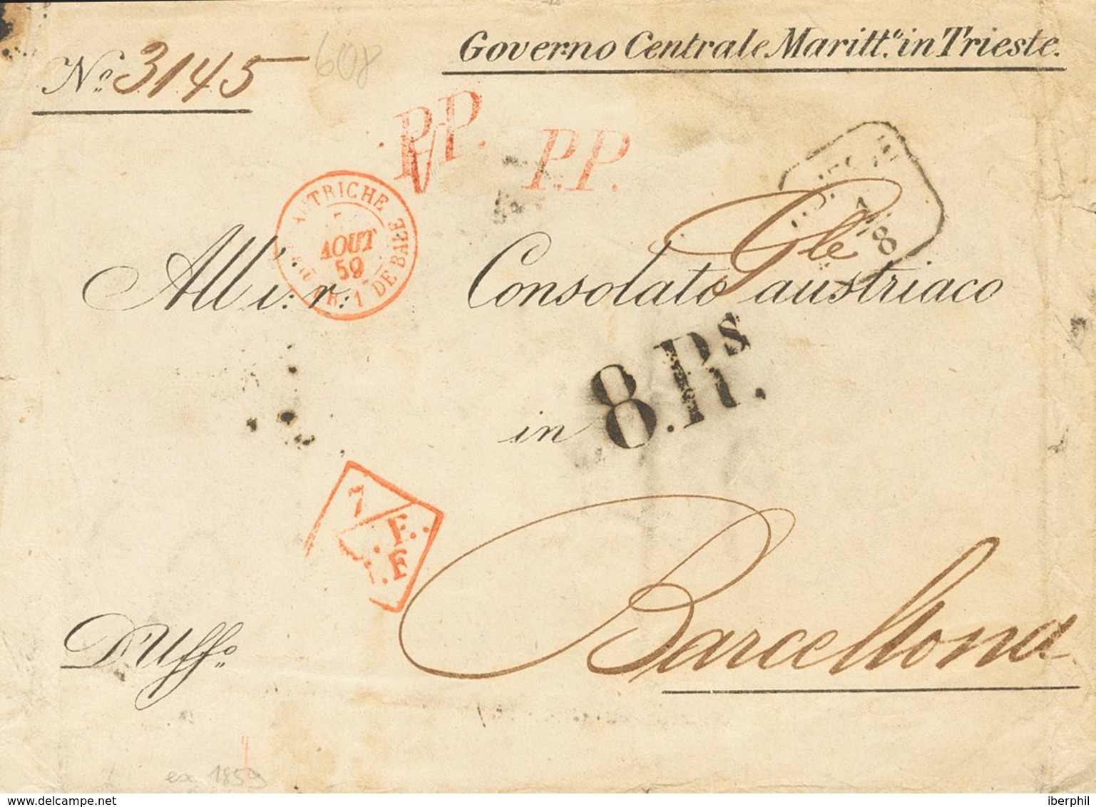 Austria-Hungary. COVER. 1859. TRIESTE To BARCELONA. Diverse Exchange Postmarks, Rate "8 Rs" (reales) And Stationery GOVE - Otros & Sin Clasificación