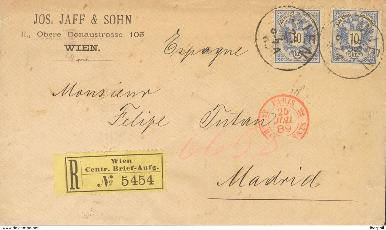 Austria. COVERYv 43(2). 1889. 10k Ultramarine, Two Stamps. Registered From VIENA To MADRID, Addressed Via Paris. On Reve - Sonstige & Ohne Zuordnung