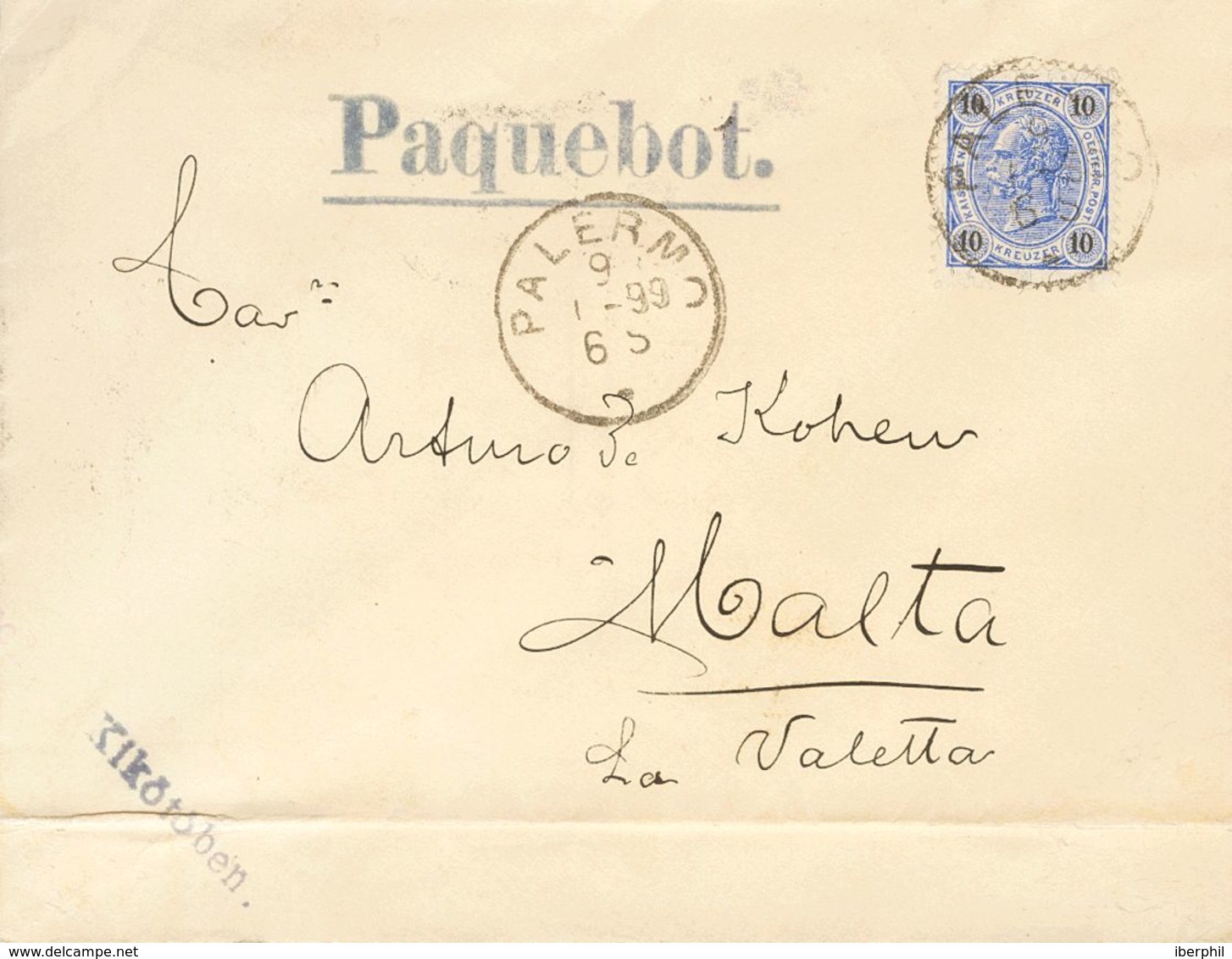 Austria. COVERYv 50. 1899. 10 K Overseas. PALERMO (SICILY) To LA VALETA (MALTA). Postmark PALERMO And On The Front Marks - Otros & Sin Clasificación