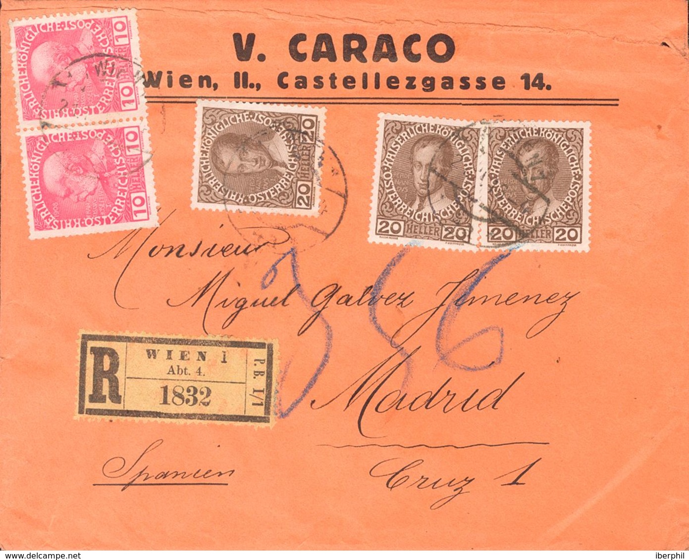 Austria. COVERYv 106(2), 108(3). 1916. 10 H Pink, Two Stamps And 20 H Brown, Three Stamps. Registered From VIENA To MADR - Otros & Sin Clasificación