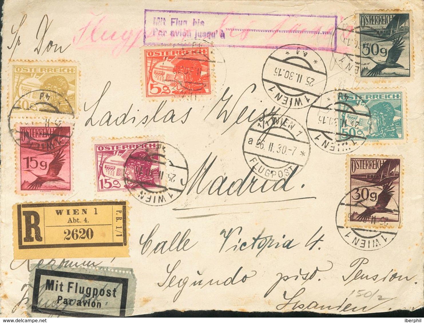 Austria, Airmail. COVER12(10), 13(2), 15/16, 18/19, 2. 1930. Various Values On Front And Back (tonalized). Registered Ai - Sonstige & Ohne Zuordnung