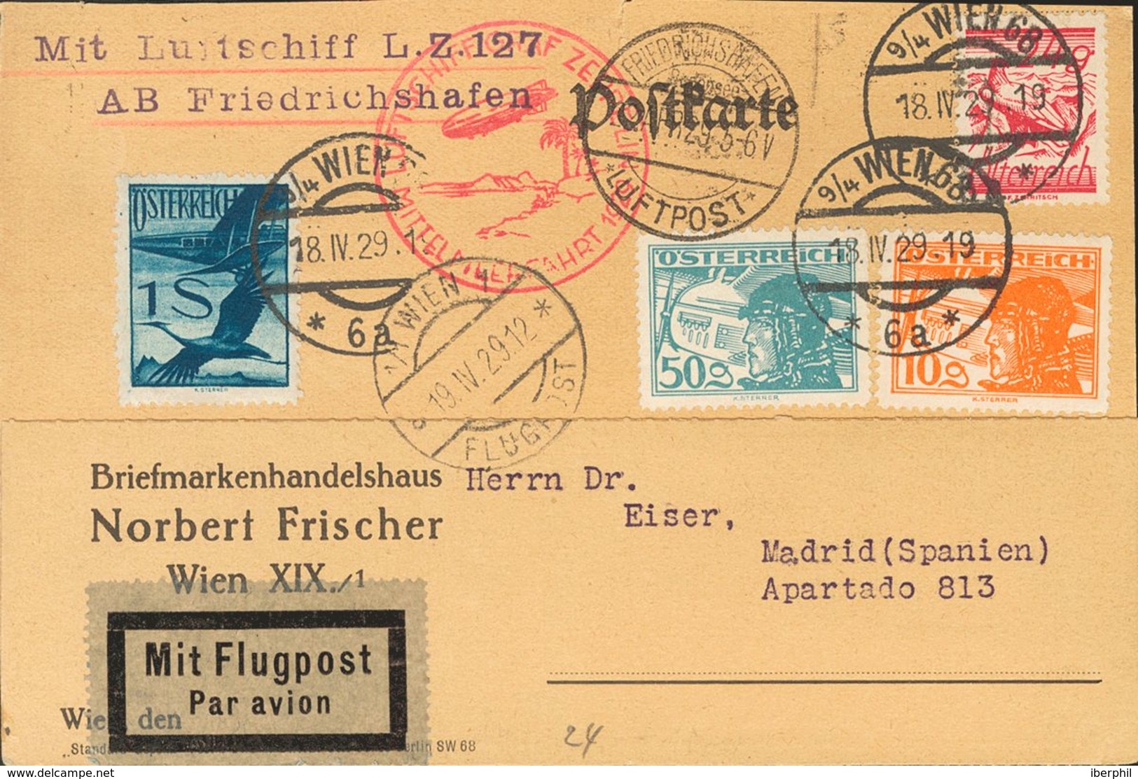 Austria, Airmail. COVER16, 24, 27. 1929. 10 G Orange, 50 G Blue Gray, 1 S Blue And 24 G Carmine. Postcard By Graf Zeppel - Sonstige & Ohne Zuordnung