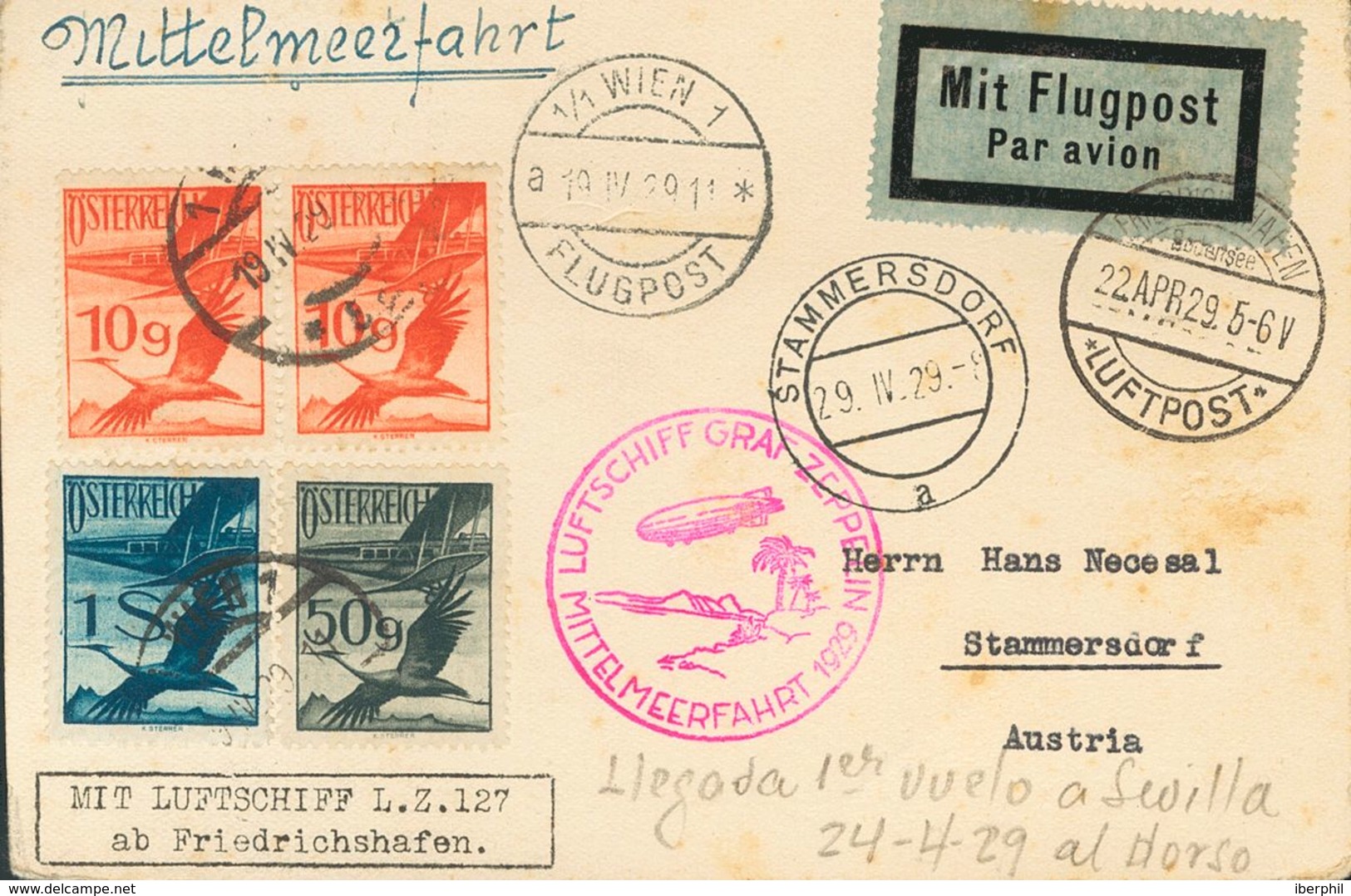 Austria, Airmail. COVER17(2), 25, 27. 1929. 10 G Vermilion, Two Stamps, 50 G Gray And 1 S Blue. Postcard Graf Zeppelin F - Other & Unclassified