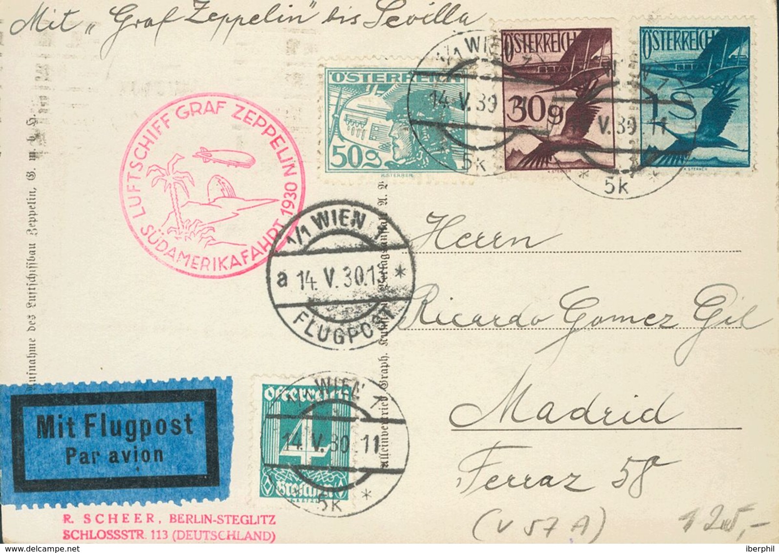 Austria, Airmail. COVER23, 24, 27. 1930. 30 G Violet, 50 G Blue Gray, 1 S Blue And 4 G Green Gray. Postcard By Graf Zepp - Autres & Non Classés