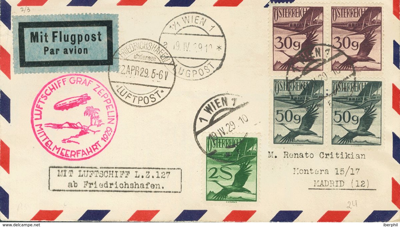 Austria, Airmail. COVER23(2), 25(2), 28. 1929. 30 G Violet, Two Stamps, 50 G Gray, Two Stamps And 2 S Green. VIENA To MA - Autres & Non Classés
