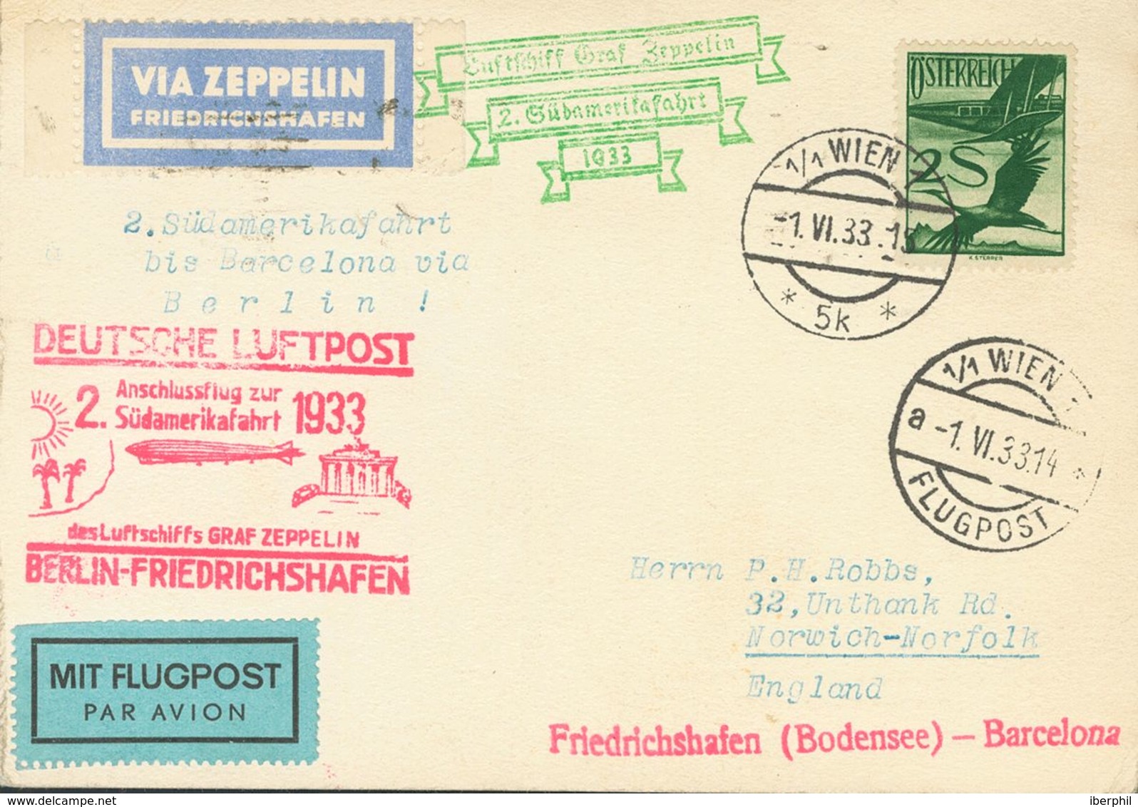 Austria, Airmail. COVER28. 1933. 2 S Green. Postcard By Graf Zeppelin From VIENNA To NORWICH (GREAT BRITAIN). On The Fro - Other & Unclassified