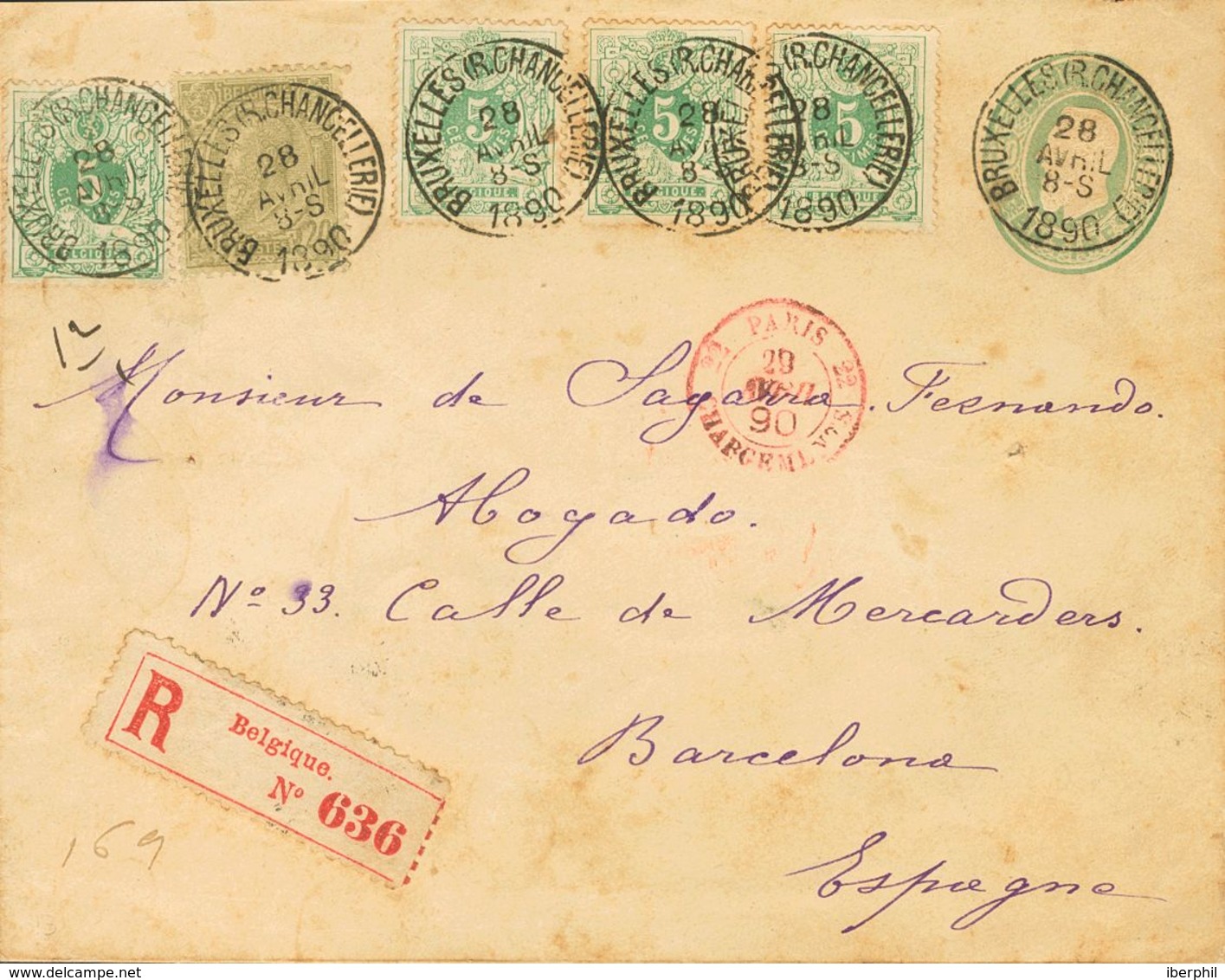 Belgium. COVERYv 45(4), 47. 1890. 10  Cts. Green On Postal Stationery Registered From BRUSSELS To BARCELONA, With Comple - Autres & Non Classés