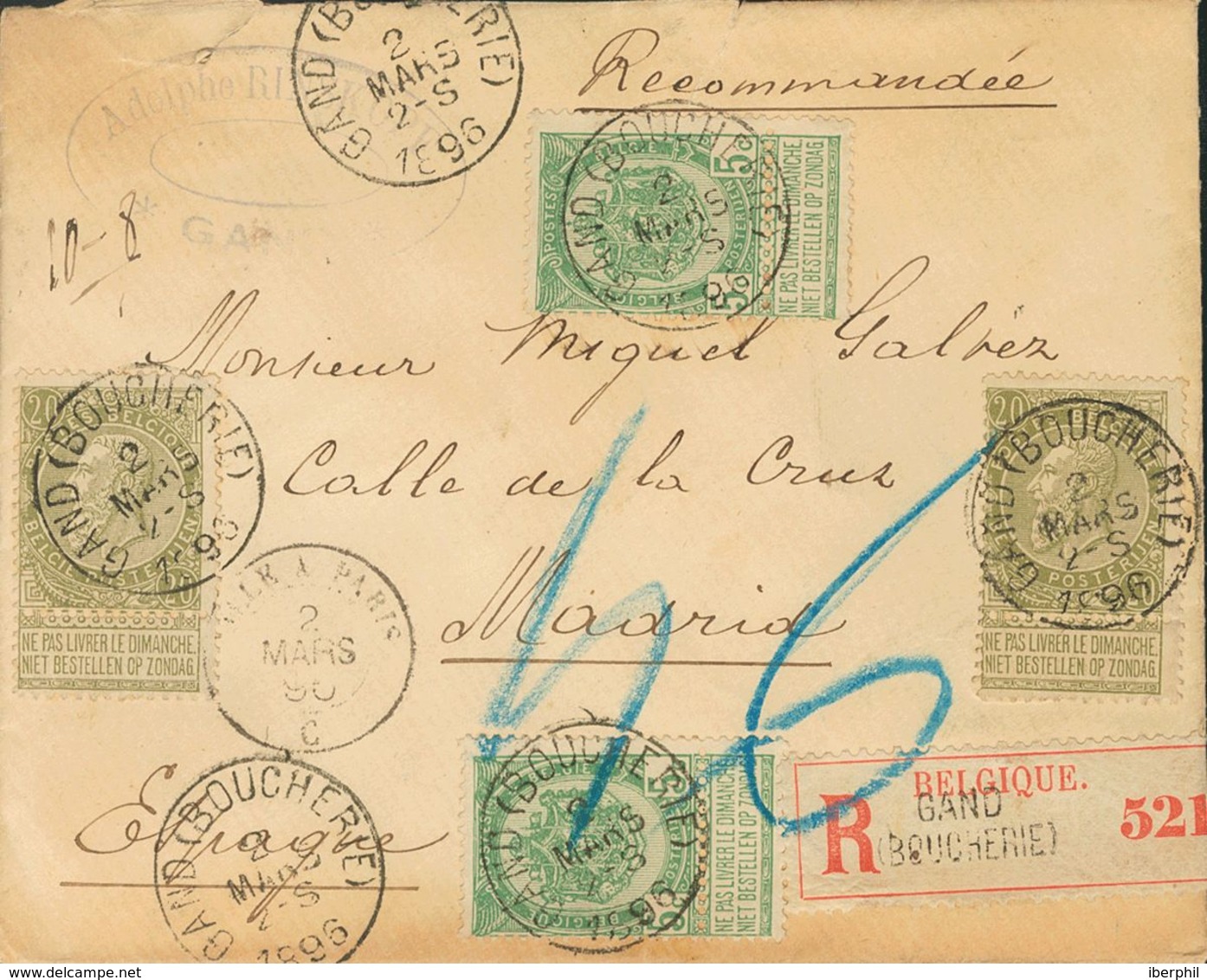 Belgium. COVERYv 56(2), 59(2). 1896. 5 Cts Yellow Green, Two Stamps And 20 Cts Gray Green, Two Stamps. Registered From G - Altri & Non Classificati