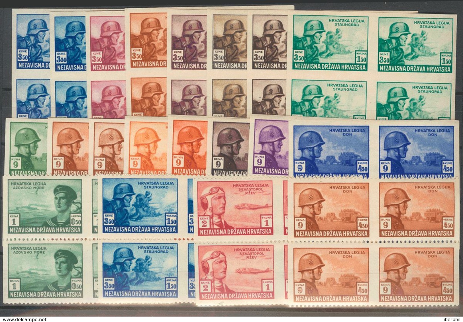 Croatia. **Yv . 1943. Spectacular Set Of COLOR TRIALS (imperforated) Of The Croatian Legion Sets Of 1943, In Blocks Of F - Sonstige & Ohne Zuordnung