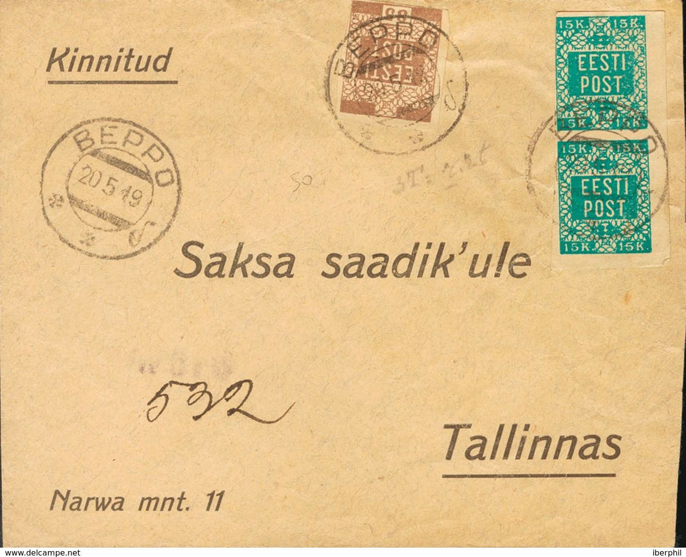 Estonia. COVERYv 2(2), 3. 1919. 15 K Green Blue, Pair And 35 K Brown. BEPPO (VORU) To TALLIN. Arrival On Reverse. VERY F - Autres & Non Classés