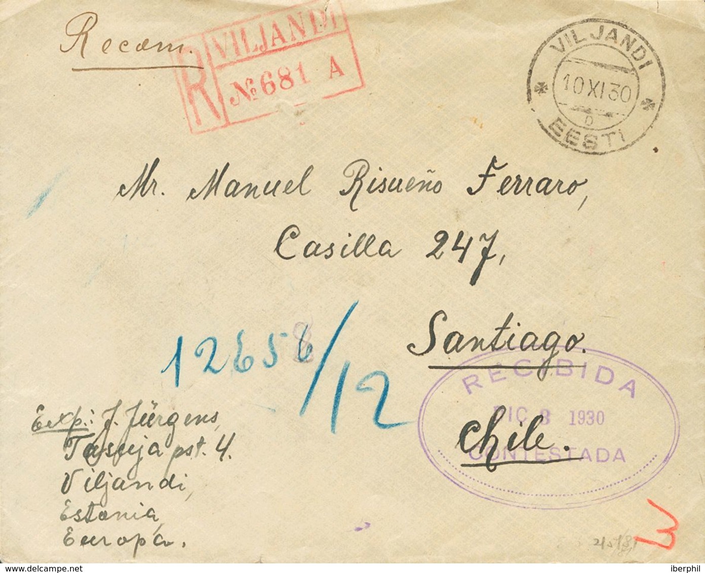 Estonia. COVERYv 82. 1930. 40 M Blue And Brown (on The Back). Certificate Of VILJANDI To SANTIAGO DE CHILE. Arrival On R - Autres & Non Classés