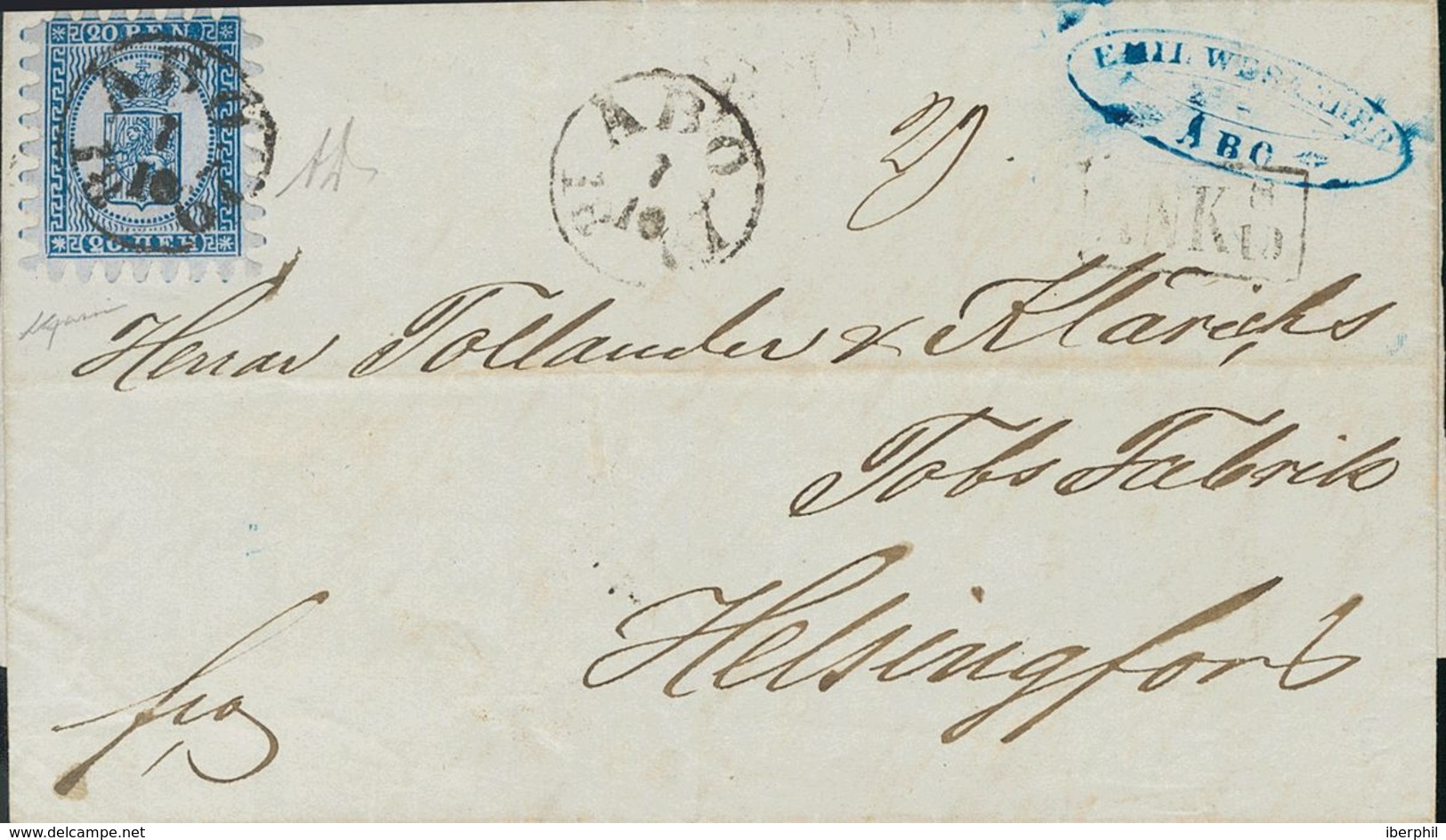 Finland. COVERYv 8. 1867. 20 K Blue (Type III). ABO To HELSINKI. ABO Cancel. VERY FINE. (Facit 8) -- Finlandia. SOBRE Yv - Otros & Sin Clasificación