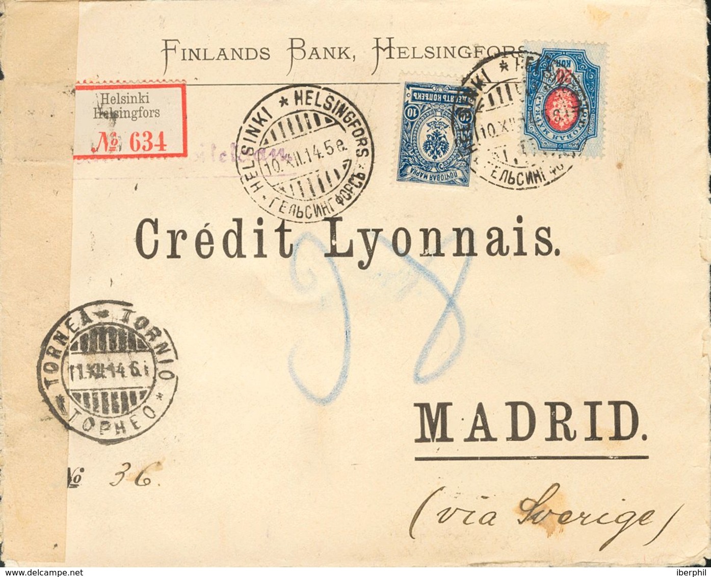 Finland. COVERYv 41, 43. 1914. 10 K Blue And 20 K Blue And Red. Registered From HELSINKI To MADRID, Addresed Via Sweden  - Other & Unclassified