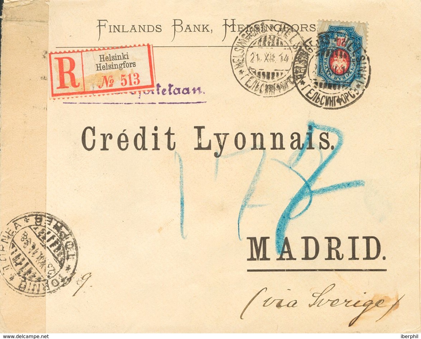 Finland. COVERYv 43. 1914. 20 K Blue. Registered From HELSINKI To MADRID, Addresed Via Sweden. On Reverse Arrival. VERY  - Otros & Sin Clasificación