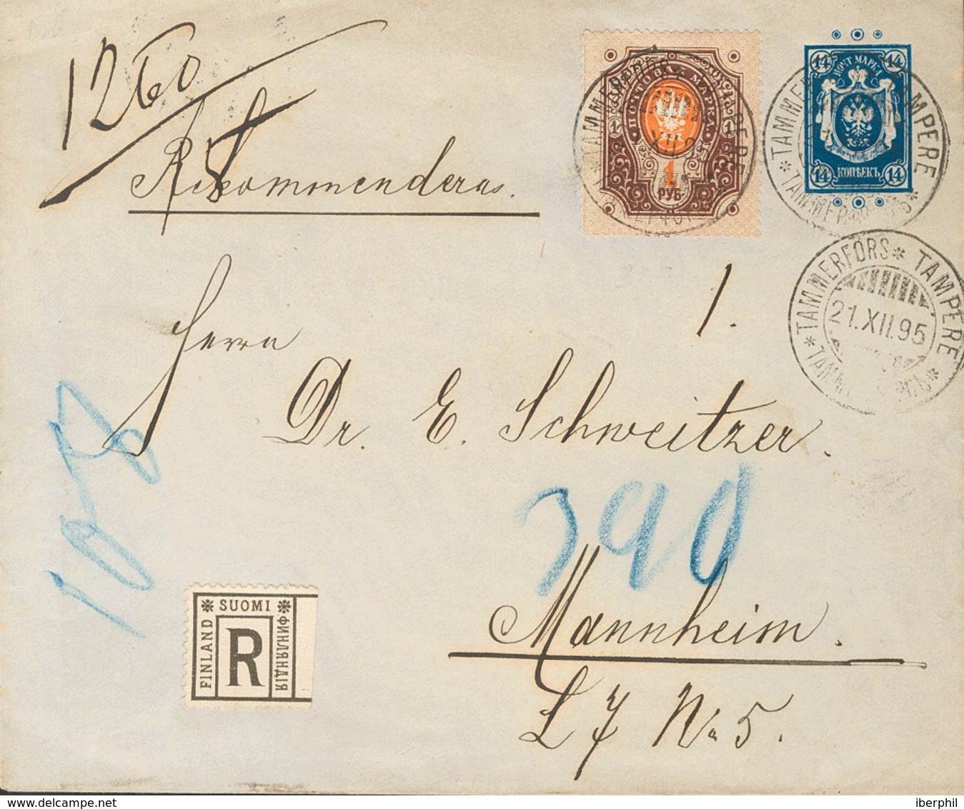 Finland, Postal Stationery. COVER. 1895. 14 K Blue On Postal Stationery Registered From TAMPERE To MANHEIM (GERMANY), Wi - Autres & Non Classés