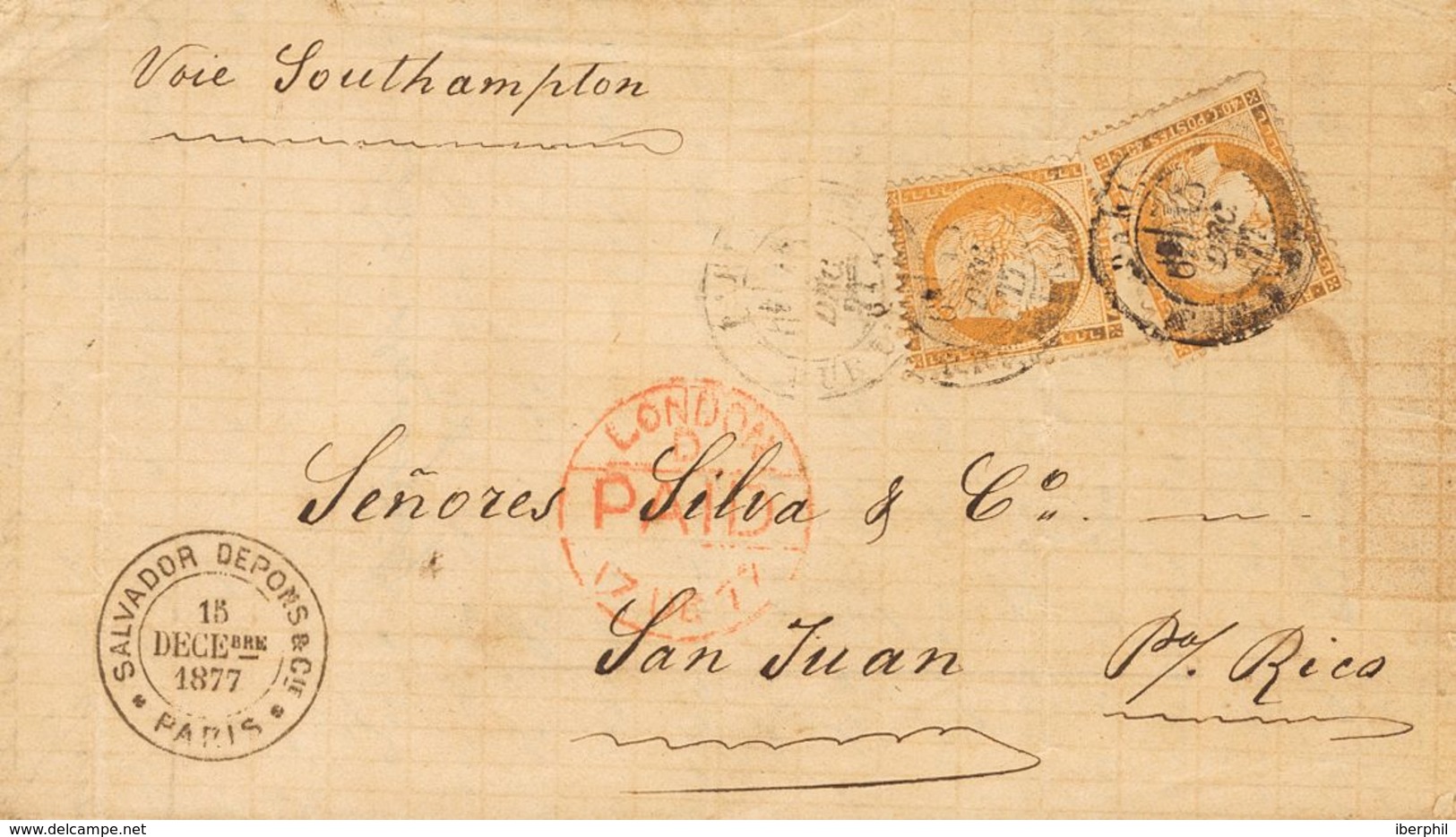 France. COVERYv 38(2). 1877. 40 Cts Orange, Two Stamps. PARIS To SAN JUAN (PUERTO RICO), Addresed Via London And Southam - Otros & Sin Clasificación