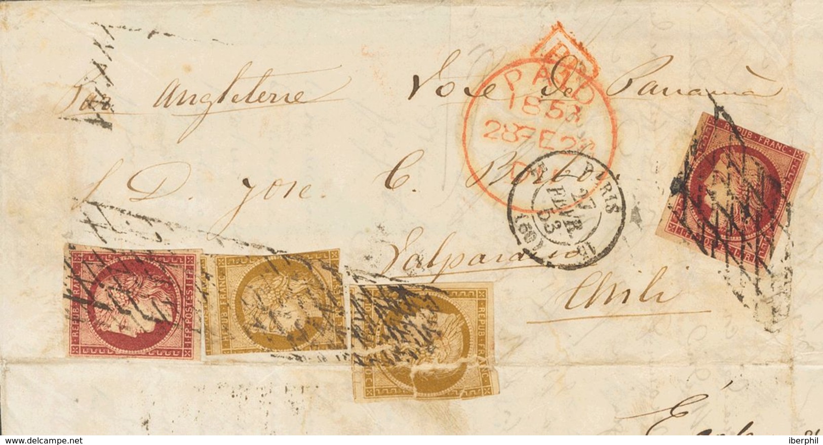 France. COVERYv 1(2), 6(2). 1853. 15 Cts Bistre Brown, Two Stamps (defects) And 1 Fr Carmine, Two Stamps (one With Short - Sonstige & Ohne Zuordnung