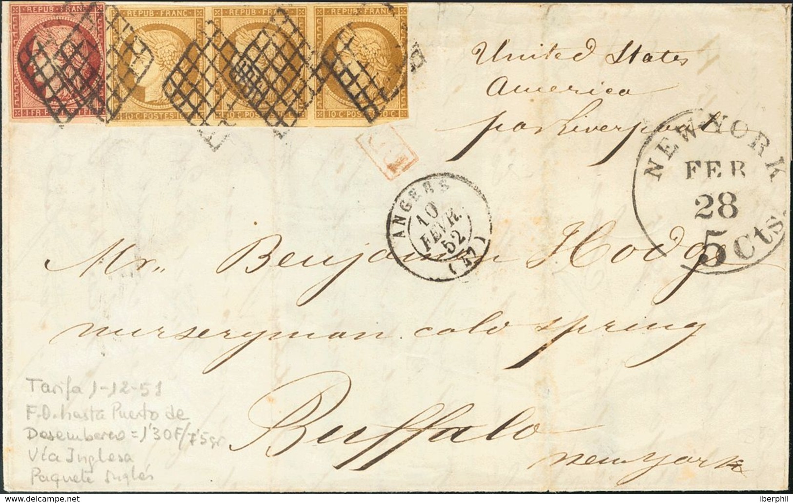 France. COVERYv 1(3), 6. 1852. 10 Cts Bistre Brown, Strip Of Three (short Margin) And 1 Fr Carmine. ANGERS To BUFFALO (U - Autres & Non Classés