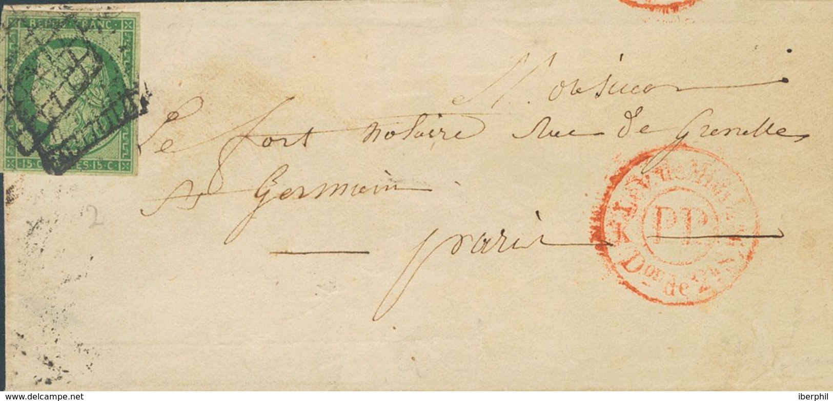 France. COVERYv 2. 1850. 15 Cts Green. PARIS Postal Service. Grill Cancel, On Front Red Circular Mark LEV DE... / PP / K - Autres & Non Classés