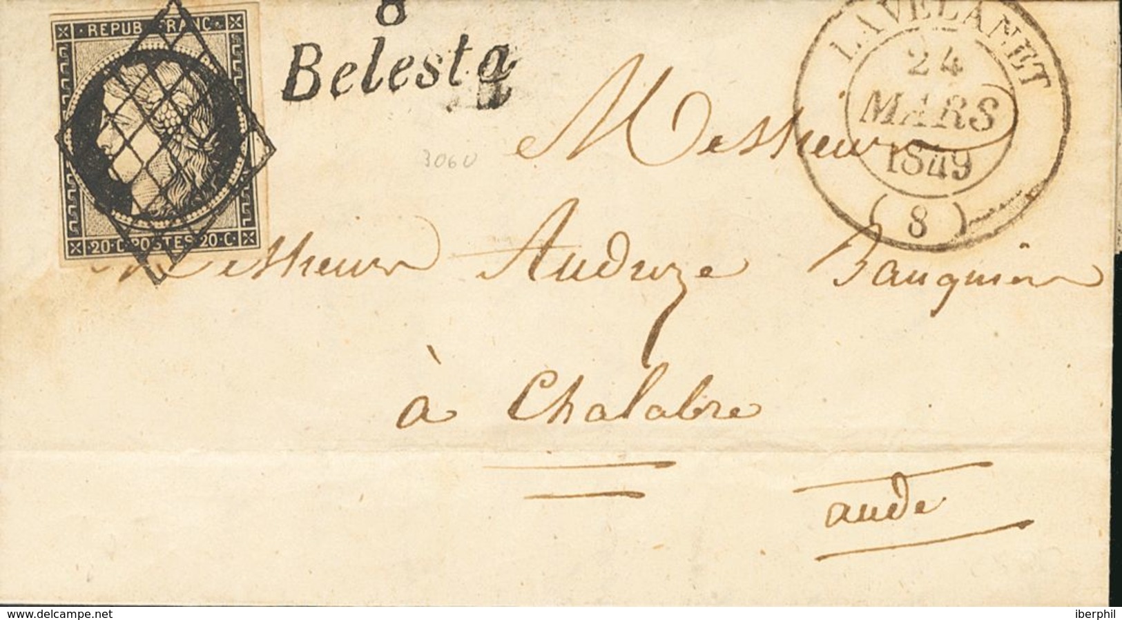 France. COVER3. 1849. 20 Cts Black (narrow Left Margin). BELESTA To CHALABRE. Postmark GRILLE And On The Front Cursive M - Autres & Non Classés