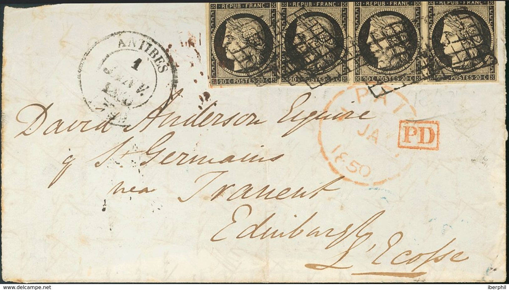 France. COVERYv 3(4). 1850. 20 Cts Black, Strip Of Three And Single Stamp. Front Cover From ANTIBES To EDINBURGH (GREAT  - Otros & Sin Clasificación