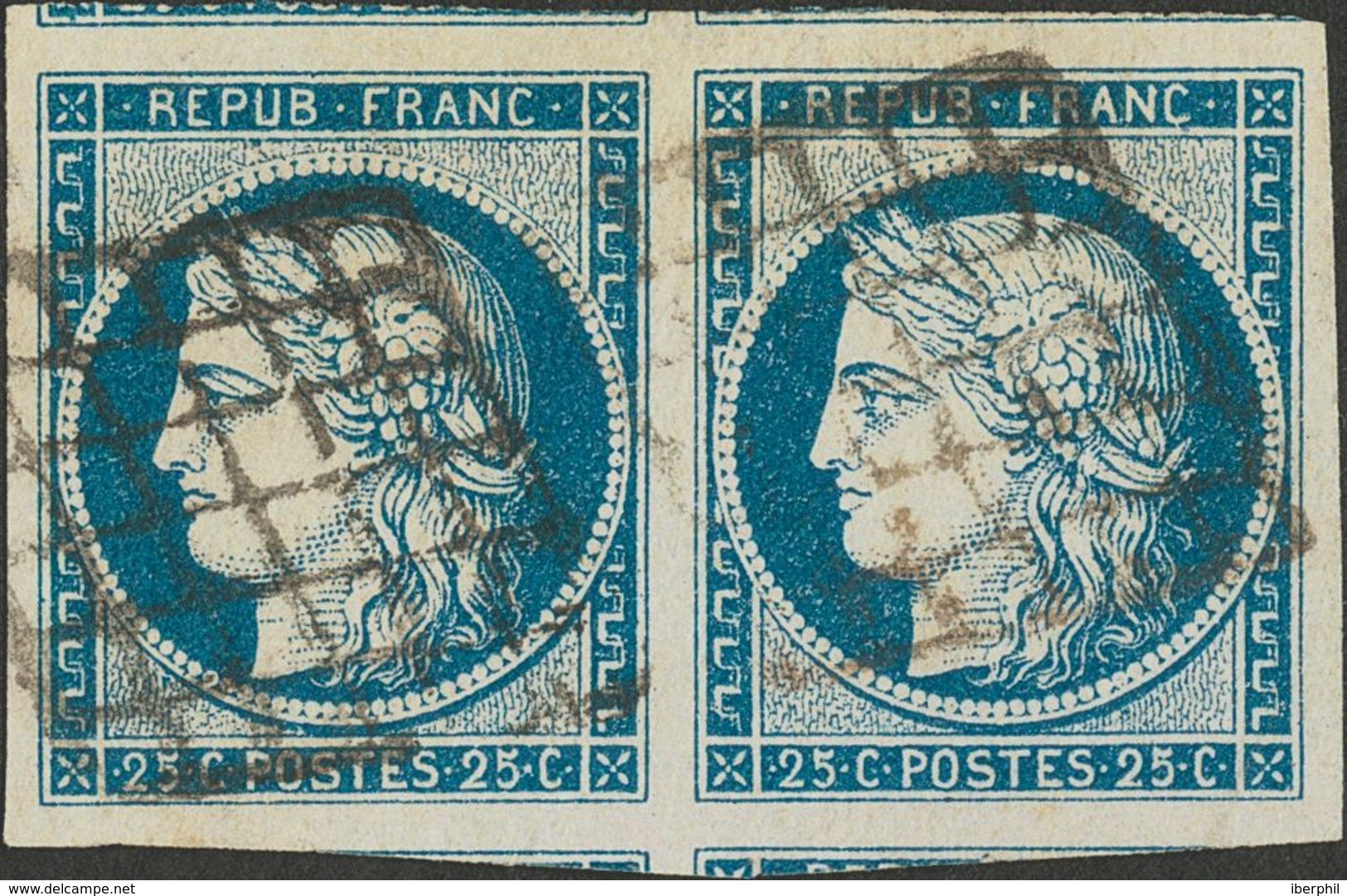 France. ºYv 4(2). 1850. 25 Cts Blue, Pair. Huge Margins. VERY FINE (Maury 4, 130 Euros) -- Francia. ºYv 4(2). 1850. 25 C - Otros & Sin Clasificación