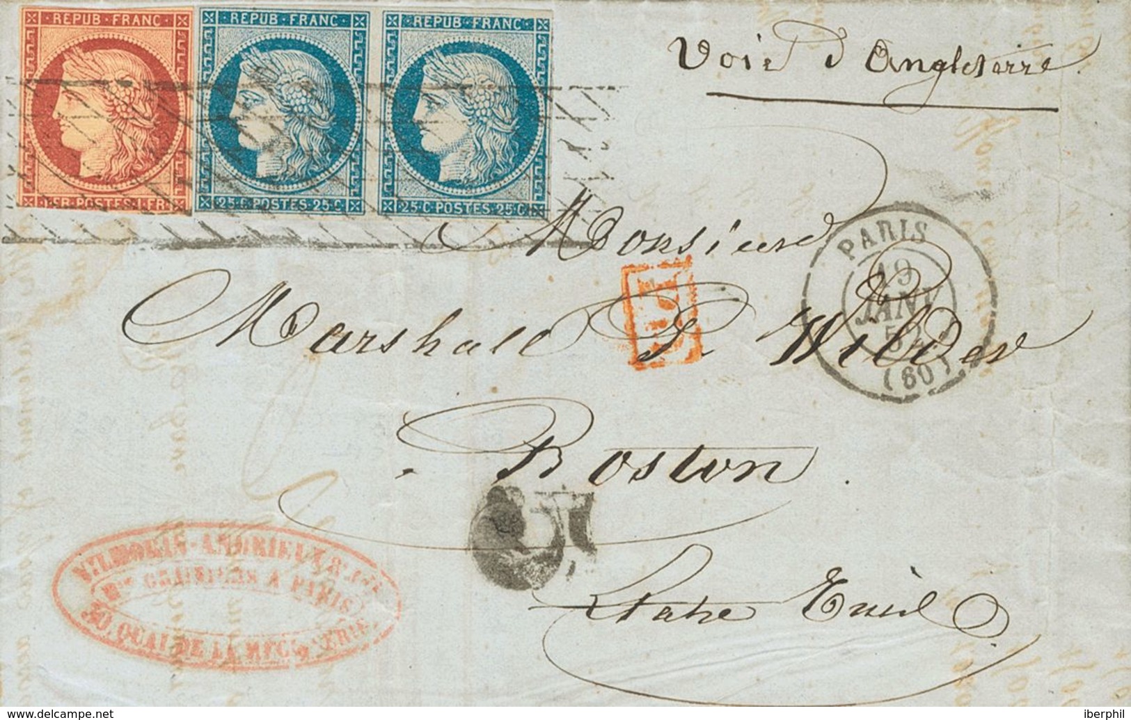 France. COVERYv 4(2), 6. 1852. 25 Cts Blue, Pair And 1 Fr Carmine (short Margin). PARIS To BOSTON (USA). On Front Manusc - Other & Unclassified