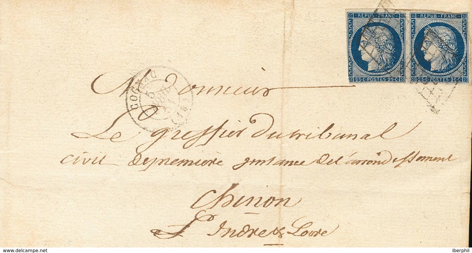 France. COVER4a(2). 1851. 25 Cts Dark Blue, Pair (one Stamp Narrow Margin). COGNAC To CHINON. GRILL Cancel. VERY FINE. - - Other & Unclassified