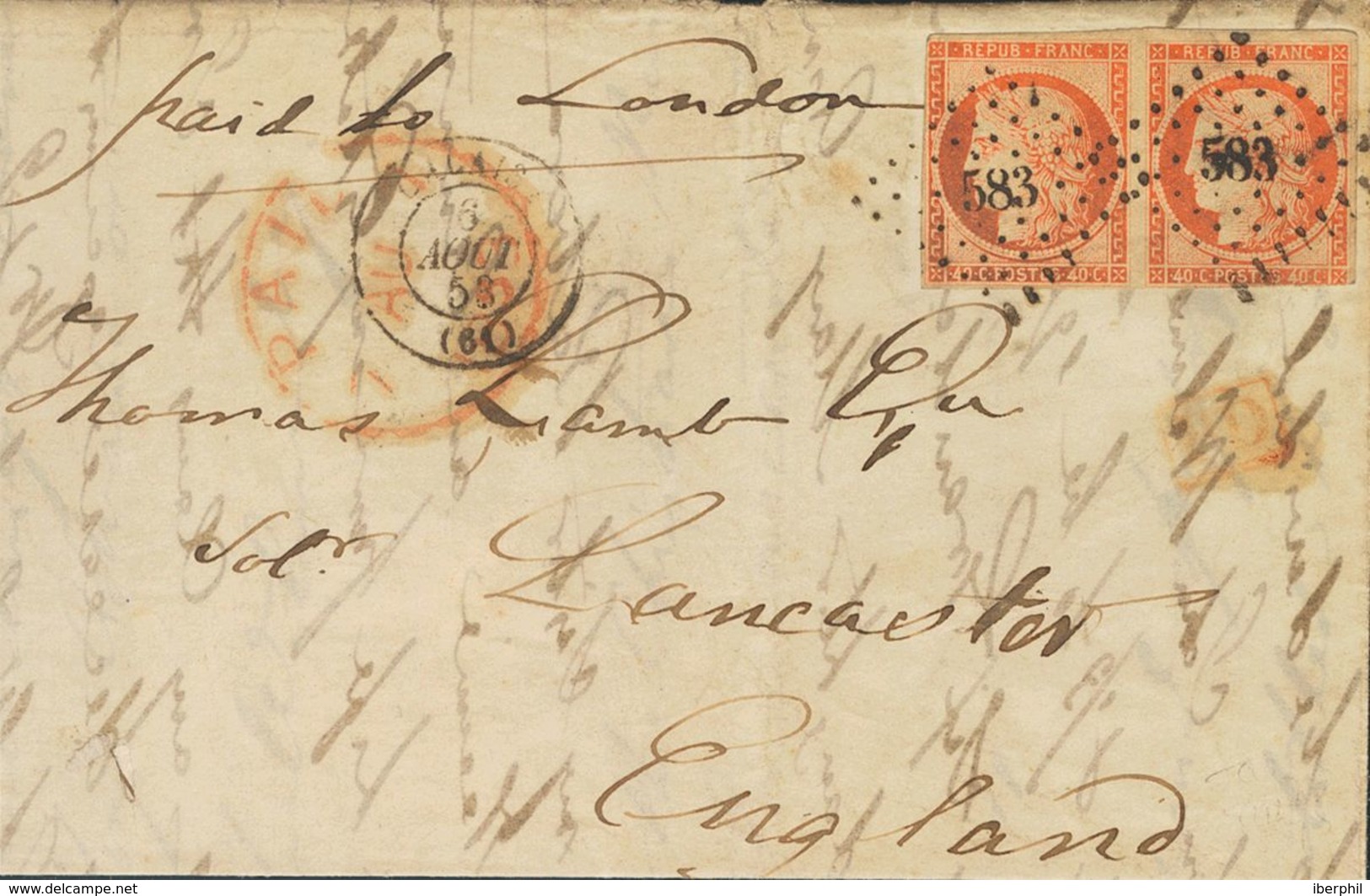 France. COVERYv 5(2). 1853. 40 Cts Orange, Pair (one Stamp With Short Margin). CALAIS To LANCASTER (ENGLAND). Lozenge Do - Otros & Sin Clasificación