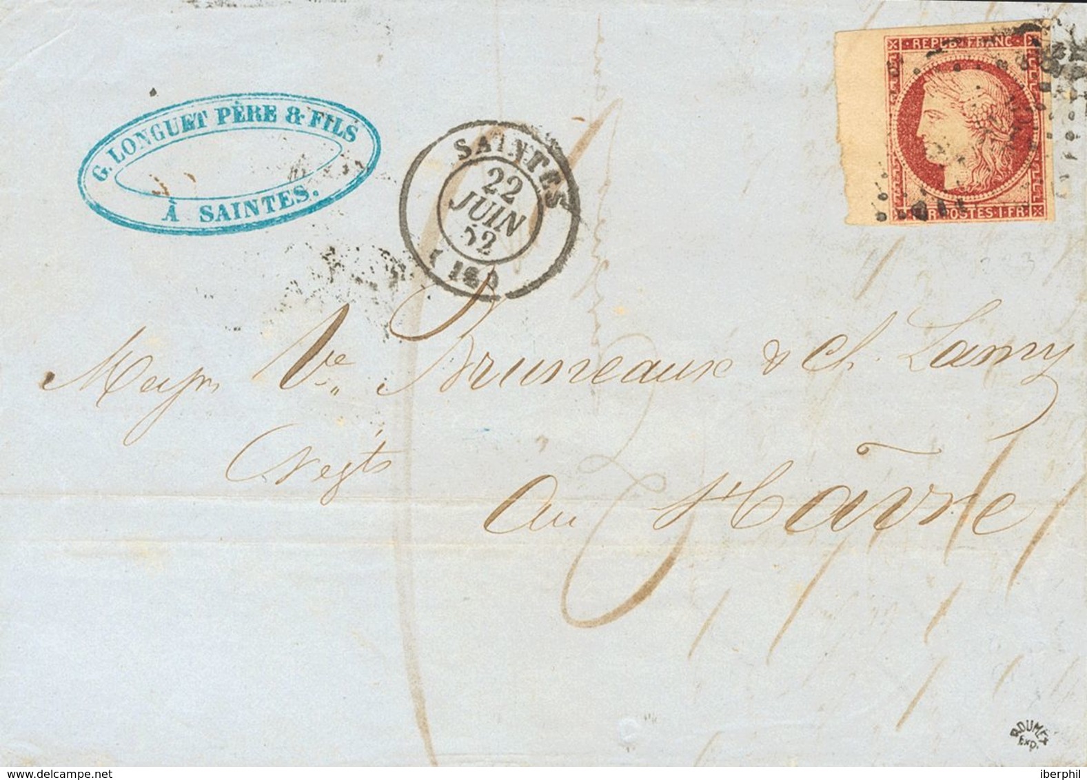 France. COVERYv 6. 1852. 1 Fr Carmine, Margin Sheet. SAINTES To LE HAVRE. Lozenge Small Numbers "2776" Cancel. VERY FINE - Sonstige & Ohne Zuordnung